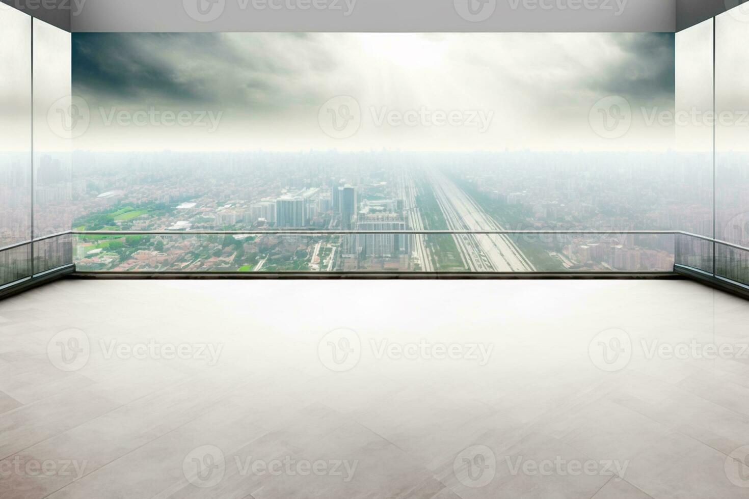 Business and design concept empty marble floor and window with panoramic modern cityscape AI Generated photo