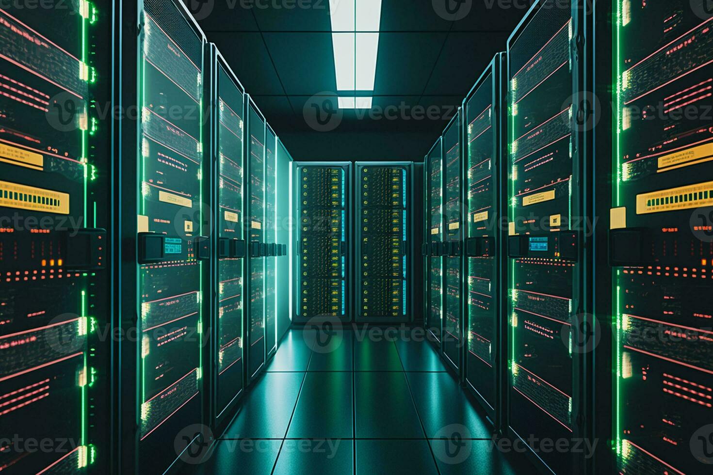 Shot of Data Center With Multiple Rows of Fully Operational Server Racks AI Generated photo