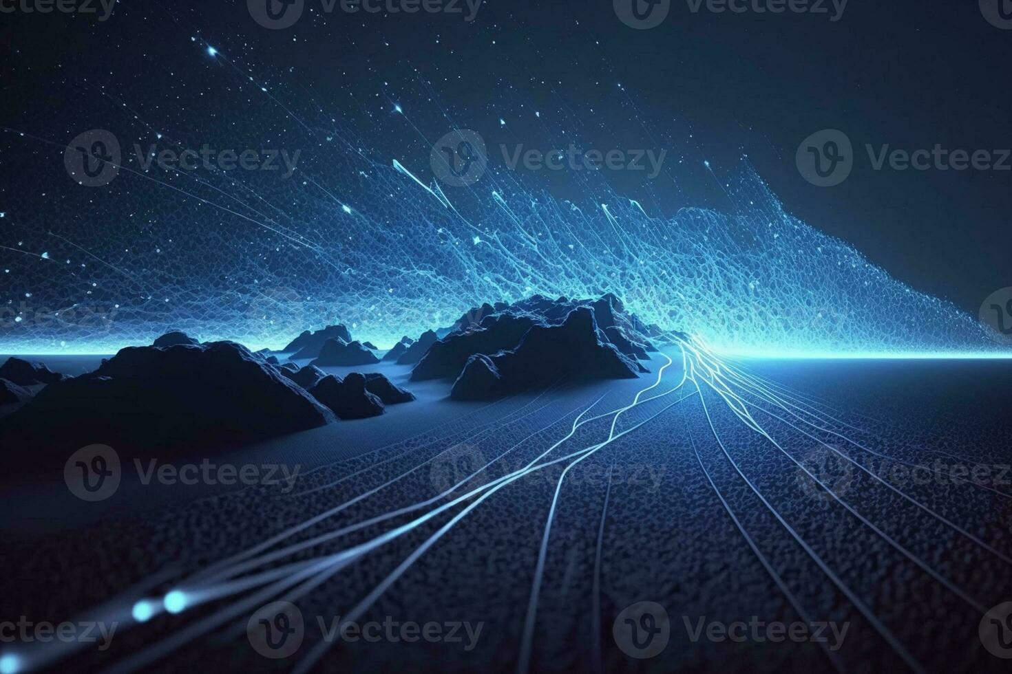 Futuristic flight through a digital line landscape Blue dust particle abstract background AI Generated photo