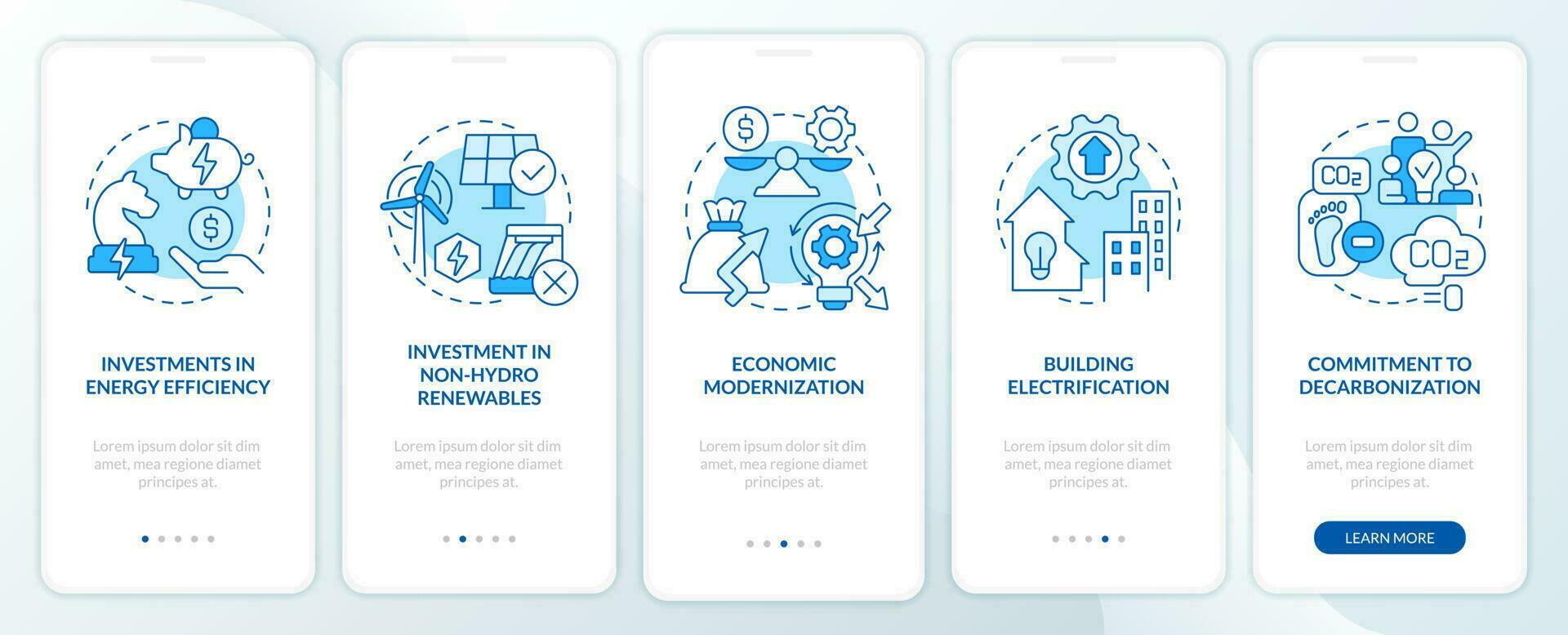 Net zero practices blue onboarding mobile app screen. Organization walkthrough 5 steps editable graphic instructions with linear concepts. UI, UX, GUI template vector