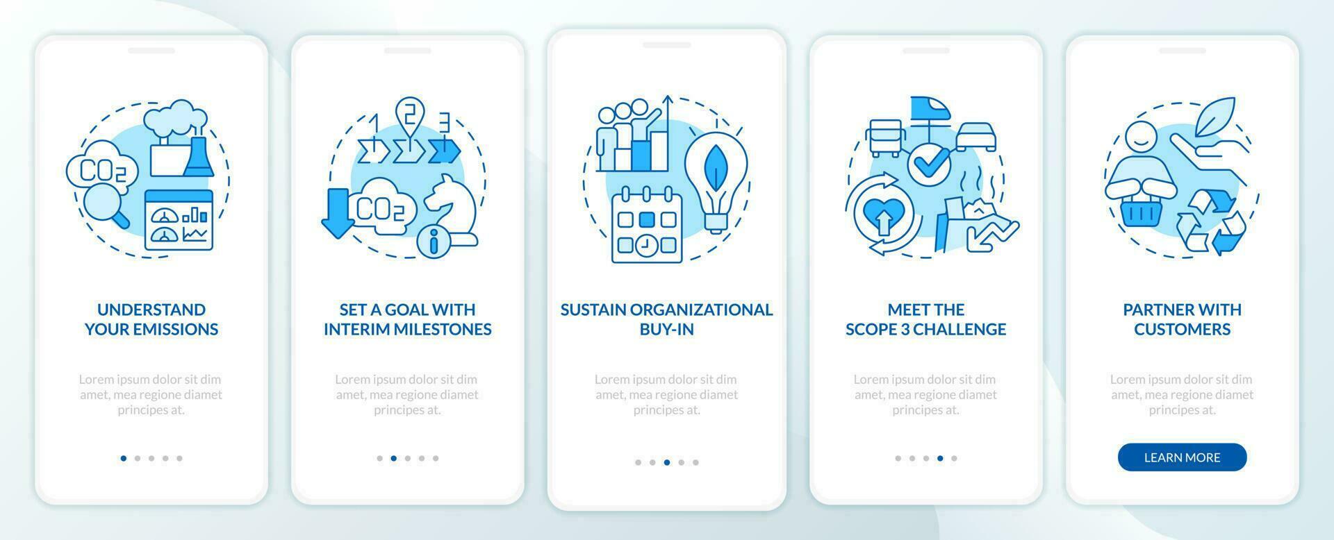 Change to net zero blue onboarding mobile app screen. Reduce emissions walkthrough 5 steps editable graphic instructions with linear concepts. UI, UX, GUI template vector