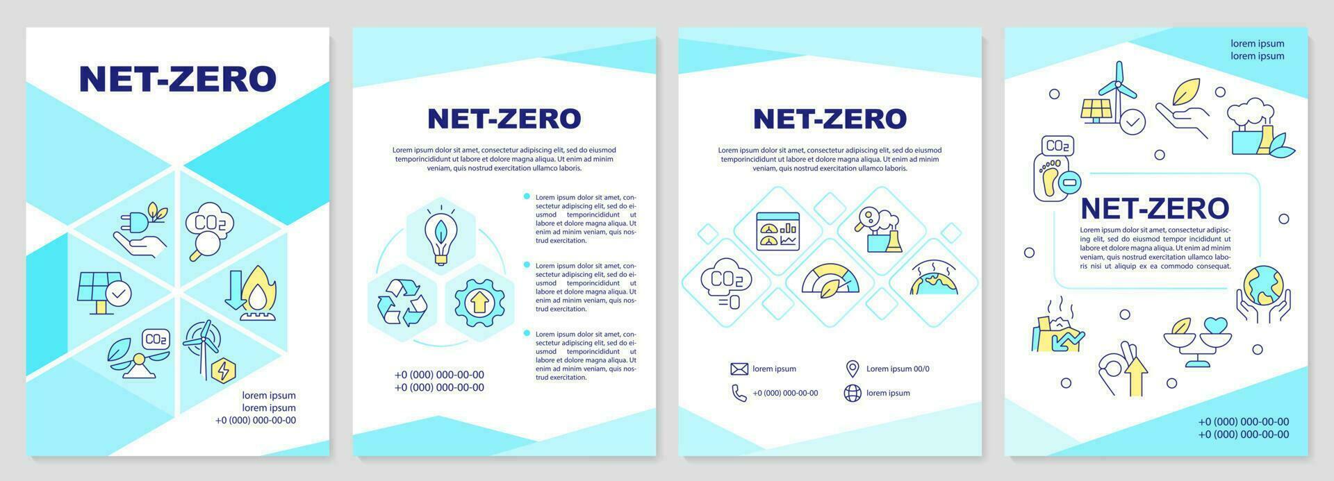 Net zero blue brochure template. Carbon removal technology. Leaflet design with linear icons. Editable 4 vector layouts for presentation, annual reports