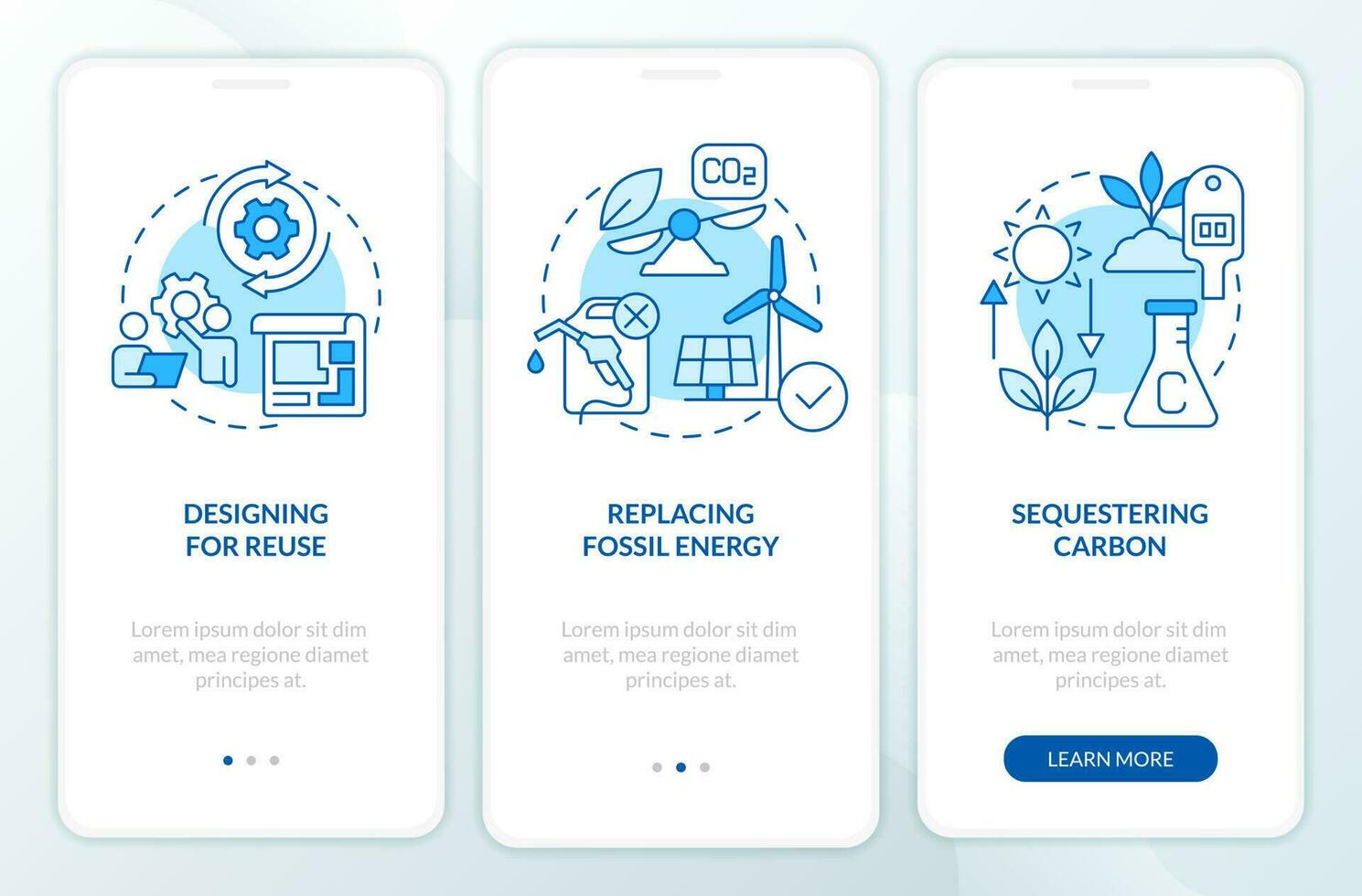 carbón eliminación estrategias azul inducción móvil aplicación pantalla. limpiar aire recorrido 3 pasos editable gráfico instrucciones con lineal conceptos. ui, ux, gui modelo vector