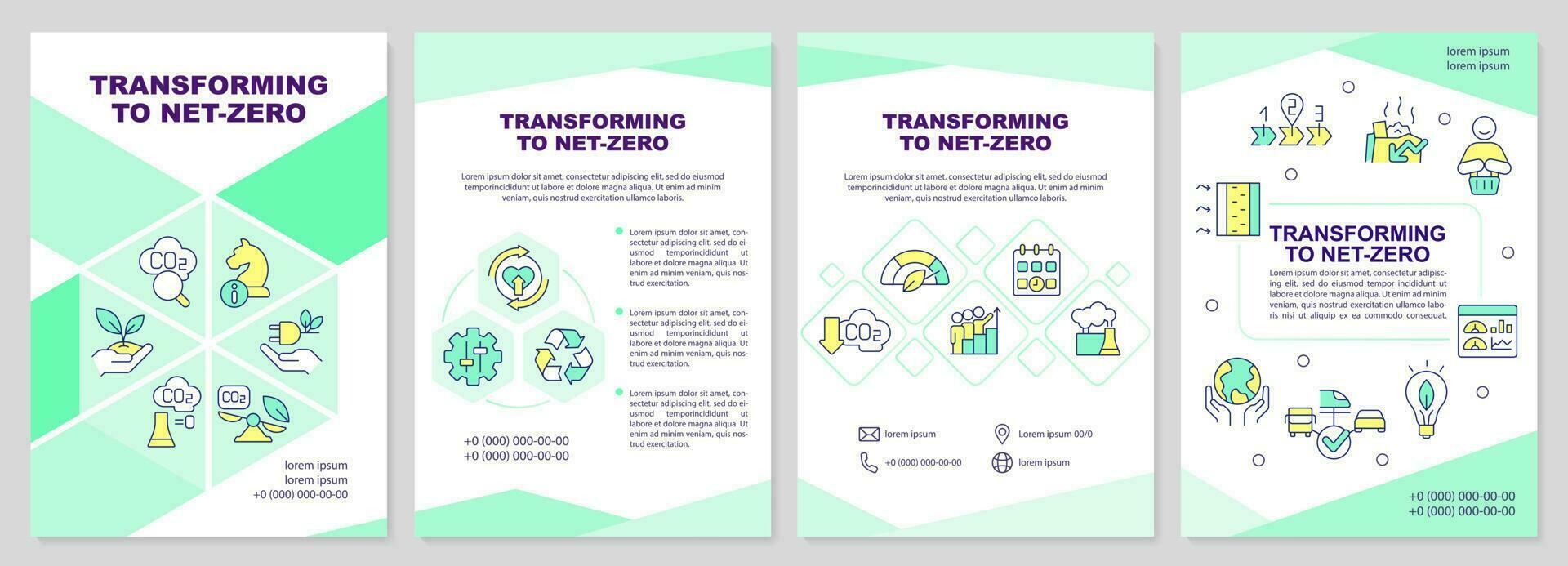 Transforming to net zero green brochure template. Technology. Leaflet design with linear icons. Editable 4 vector layouts for presentation, annual reports