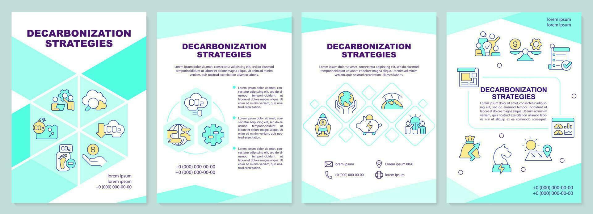 Decarbonization strategies mint brochure template. Net zero. Leaflet design with linear icons. Editable 4 vector layouts for presentation, annual reports