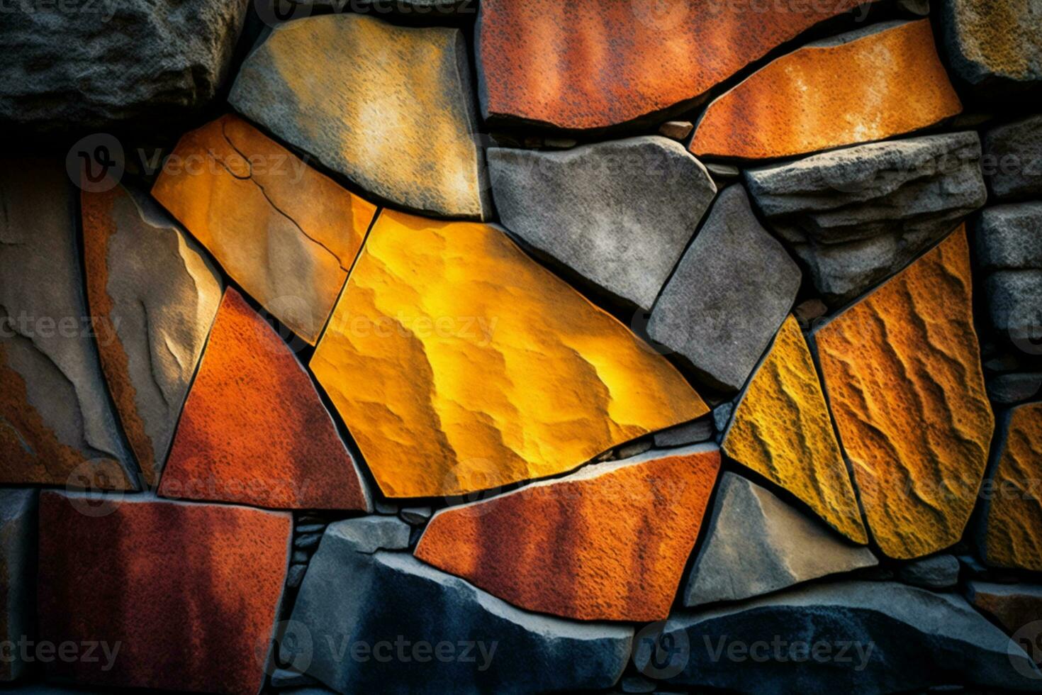 A rough stone pattern on the wall with iridescent yellow, beige, orange and gray Design and architecture AI Generated photo