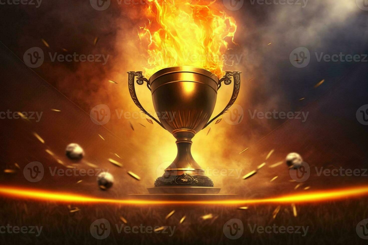 Sports background. Burning trophy goblet. Winner in a competition. Fire and energy. Football field with golden goblet AI Generated photo