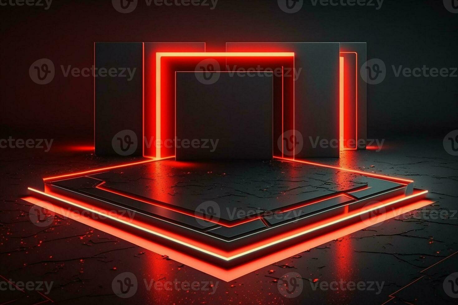 Futuristic sci-fi abstract red neon light shapes on black background and reflective concrete with blank space for 3D text AI Generated photo