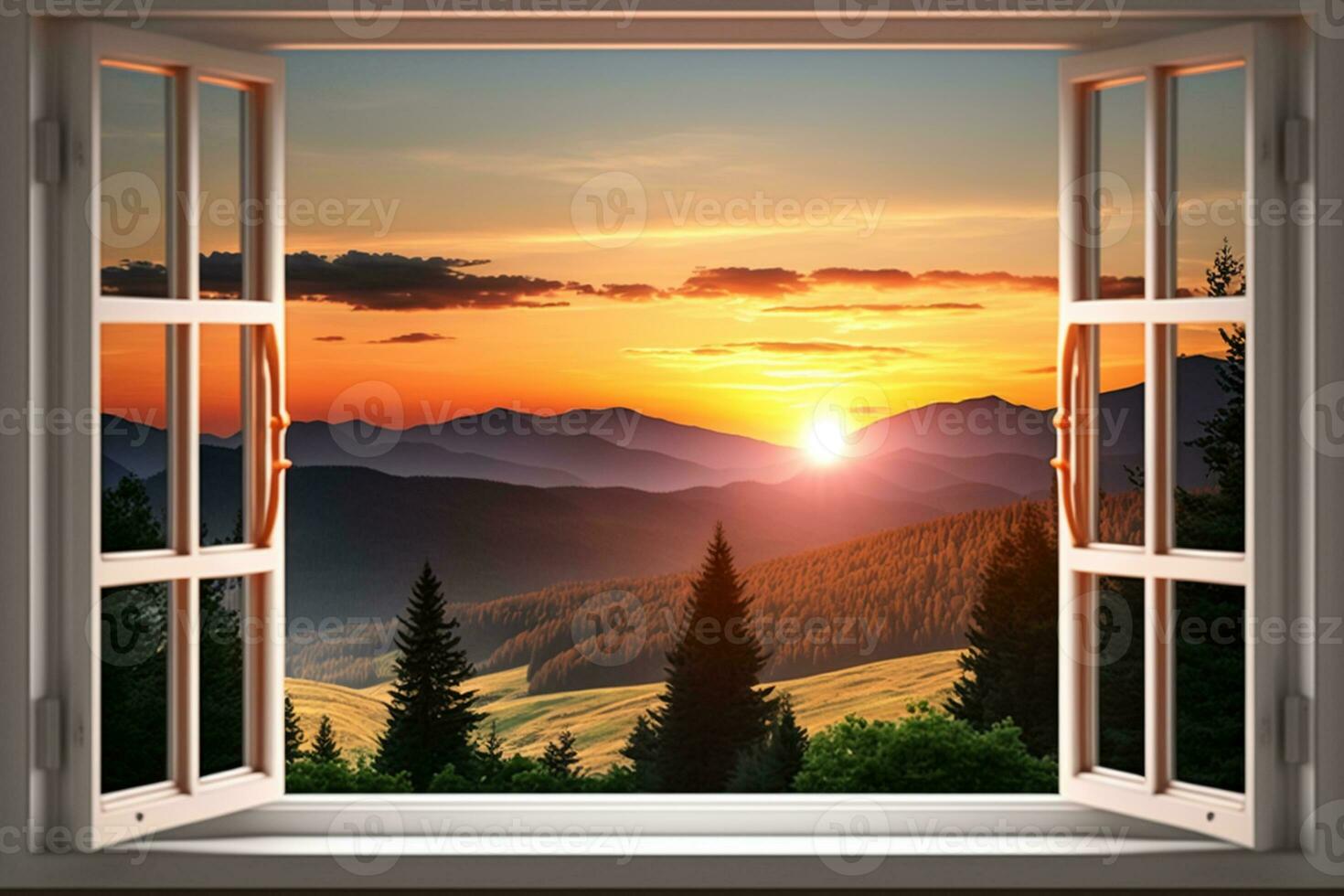 View on beautiful sunrise from home window AI Generated photo