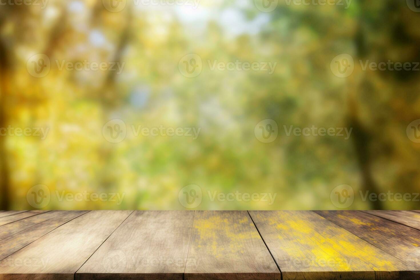 Empty rustic wooden table with defocused yellowish lush foliage at background AI Generated photo