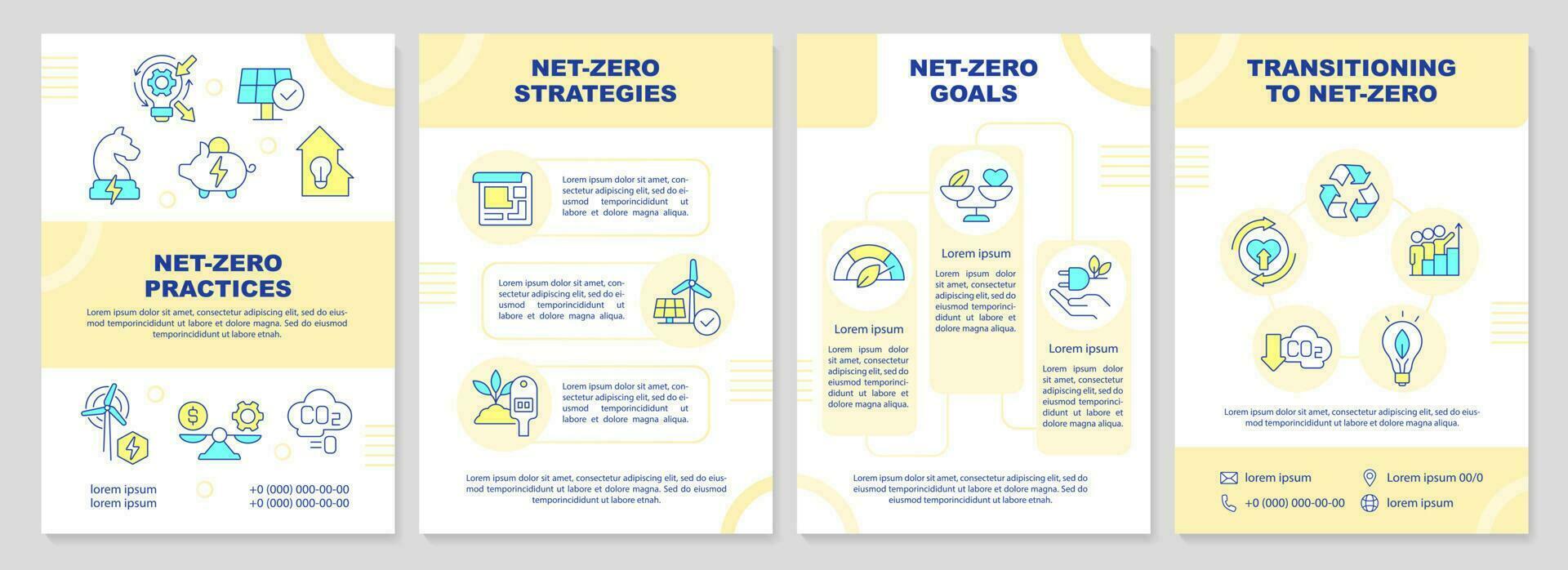 Net zero realization yellow brochure template. Remove carbon. Leaflet design with linear icons. Editable 4 vector layouts for presentation, annual reports