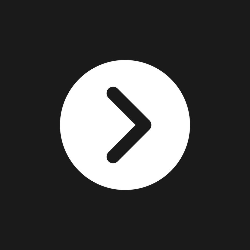 Arrow right button dark mode glyph ui icon. Next track. Menu command. User interface design. White silhouette symbol on black space. Solid pictogram for web, mobile. Vector isolated illustration