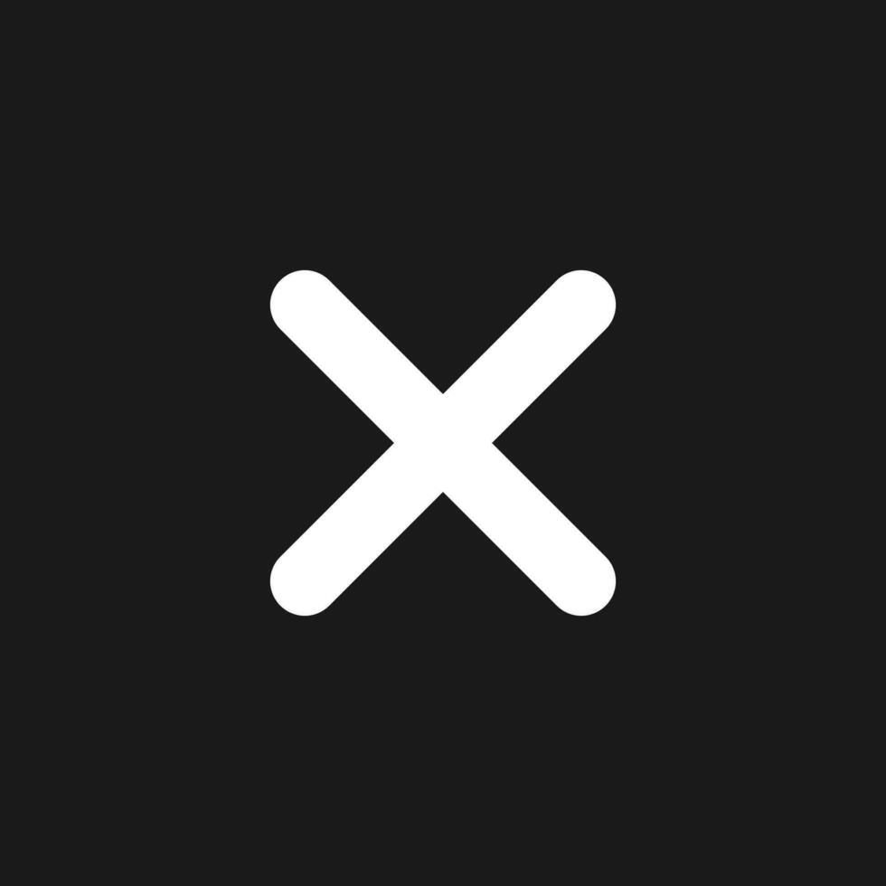 Cross mark dark mode glyph ui icon. Delete action. Cancel button. User interface design. White silhouette symbol on black space. Solid pictogram for web, mobile. Vector isolated illustration