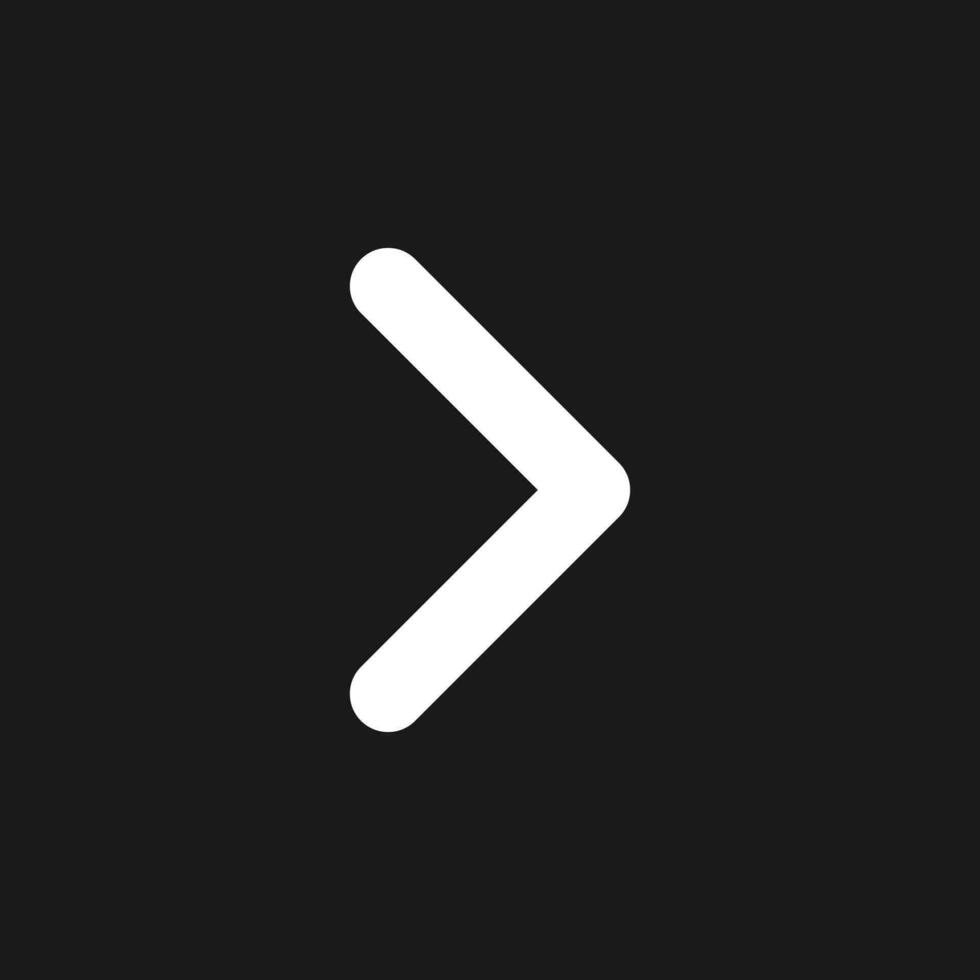 Right arrow dark mode glyph ui icon. Navigation direction. Angle bracket. User interface design. White silhouette symbol on black space. Solid pictogram for web, mobile. Vector isolated illustration