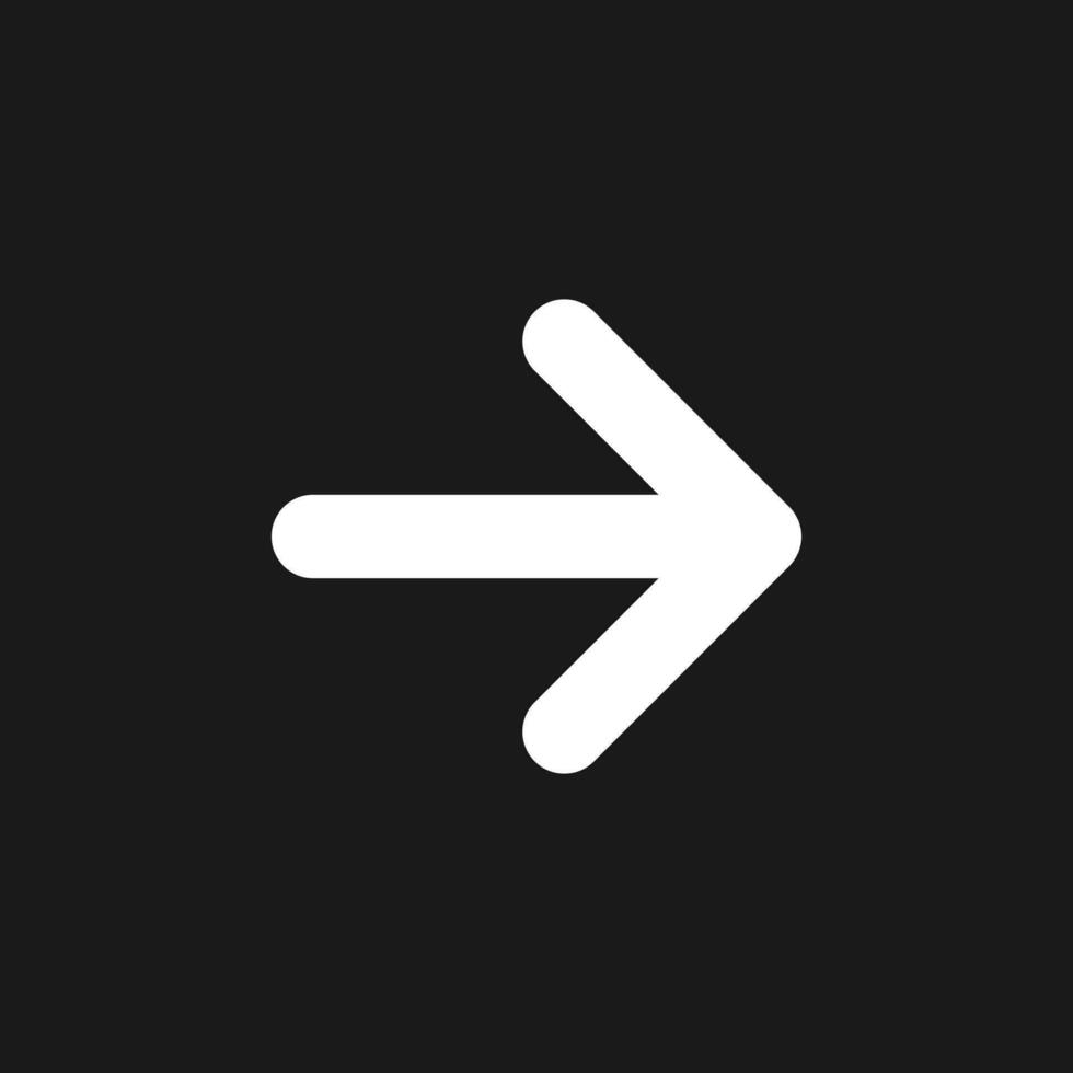 Rightwards arrow dark mode glyph ui icon. Pressing right. Setting menu. User interface design. White silhouette symbol on black space. Solid pictogram for web, mobile. Vector isolated illustration