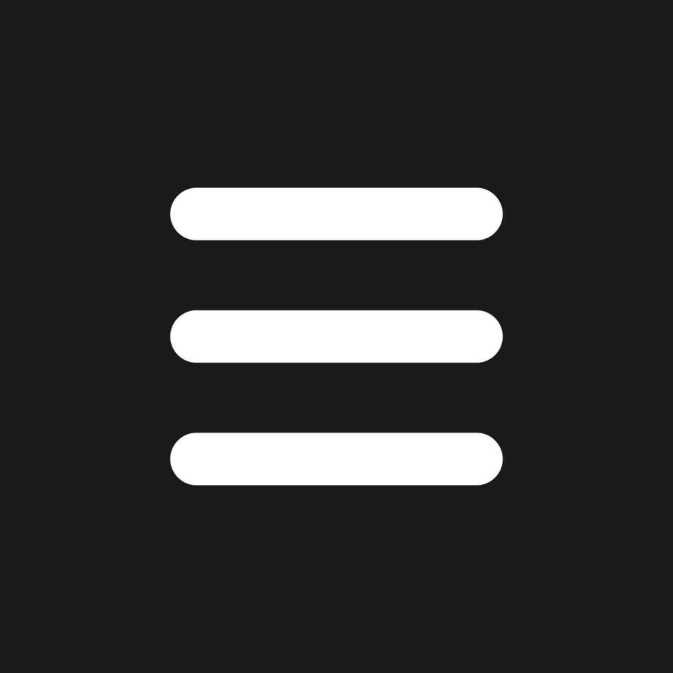 Hamburger like menu dark mode glyph ui icon. Three lines. More options. User interface design. White silhouette symbol on black space. Solid pictogram for web, mobile. Vector isolated illustration
