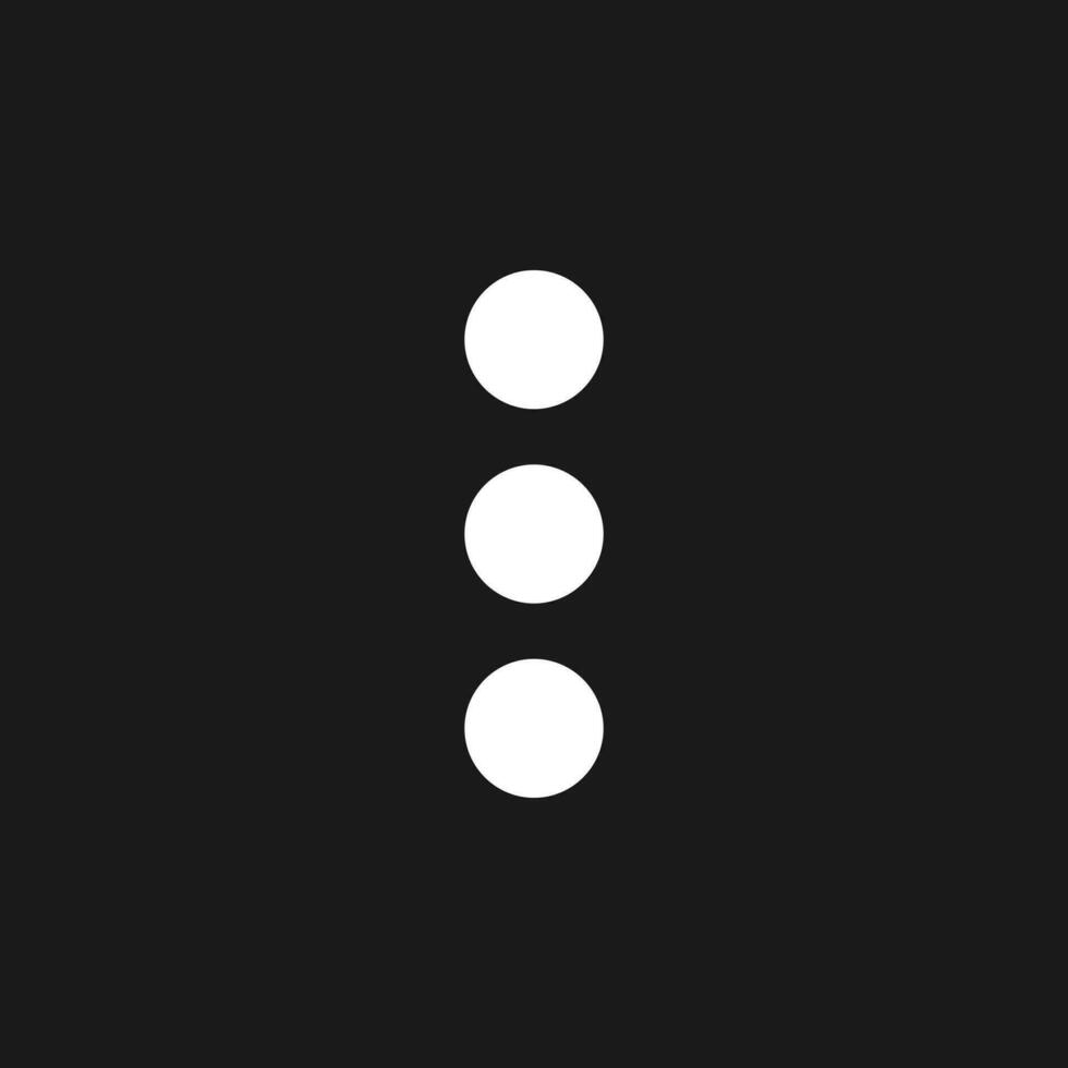 Three vertical dots menu dark mode glyph ui icon. Kebab menu represent. User interface design. White silhouette symbol on black space. Solid pictogram for web, mobile. Vector isolated illustration
