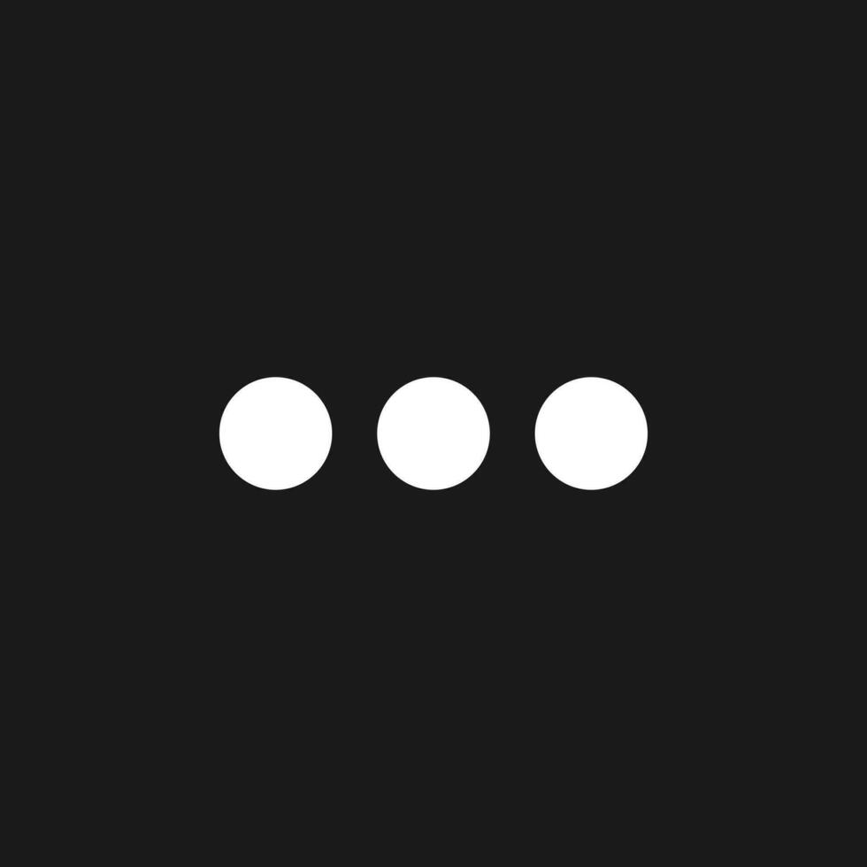 Three horizontal dots menu dark mode glyph ui icon. Meatballs menu. User interface design. White silhouette symbol on black space. Solid pictogram for web, mobile. Vector isolated illustration