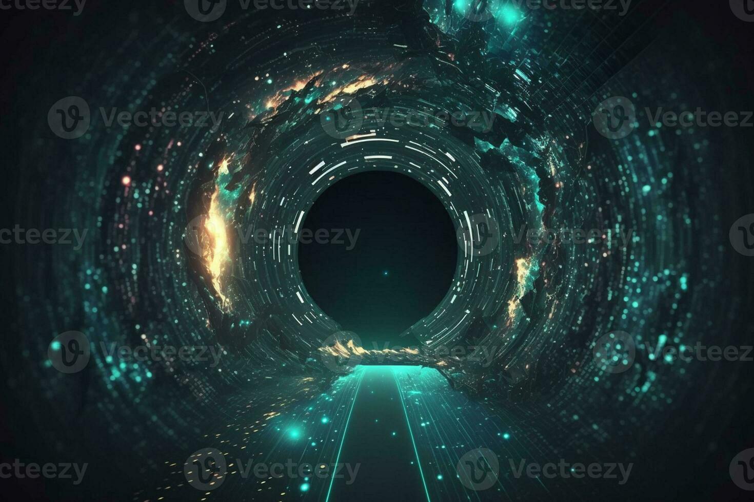 Digital tunnel of cyberspace with particles and lighting, Technology network connections abstract background concept AI Generated photo
