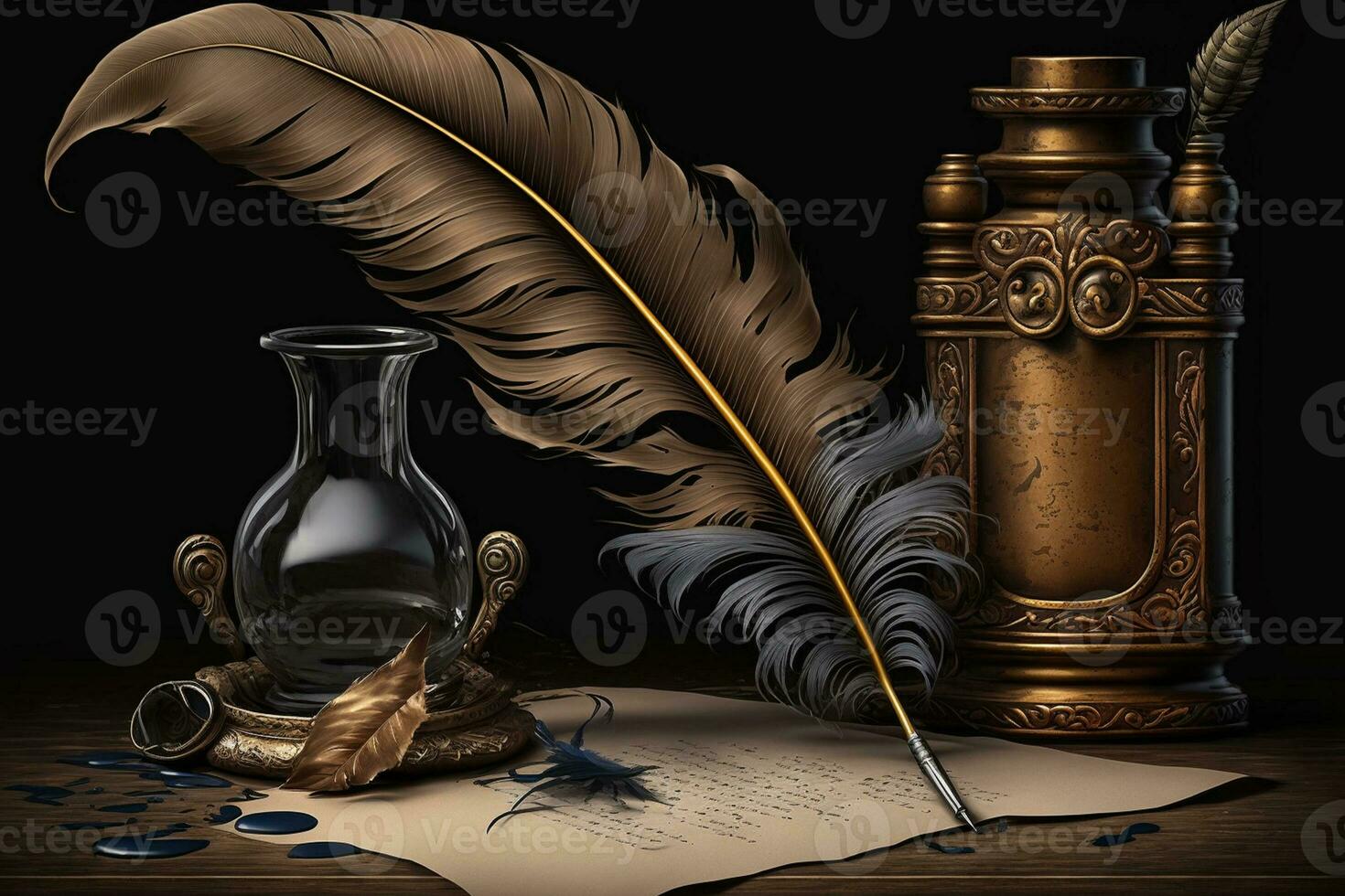 Inkwell and feather on a background of the empty form for the letter AI Generated photo