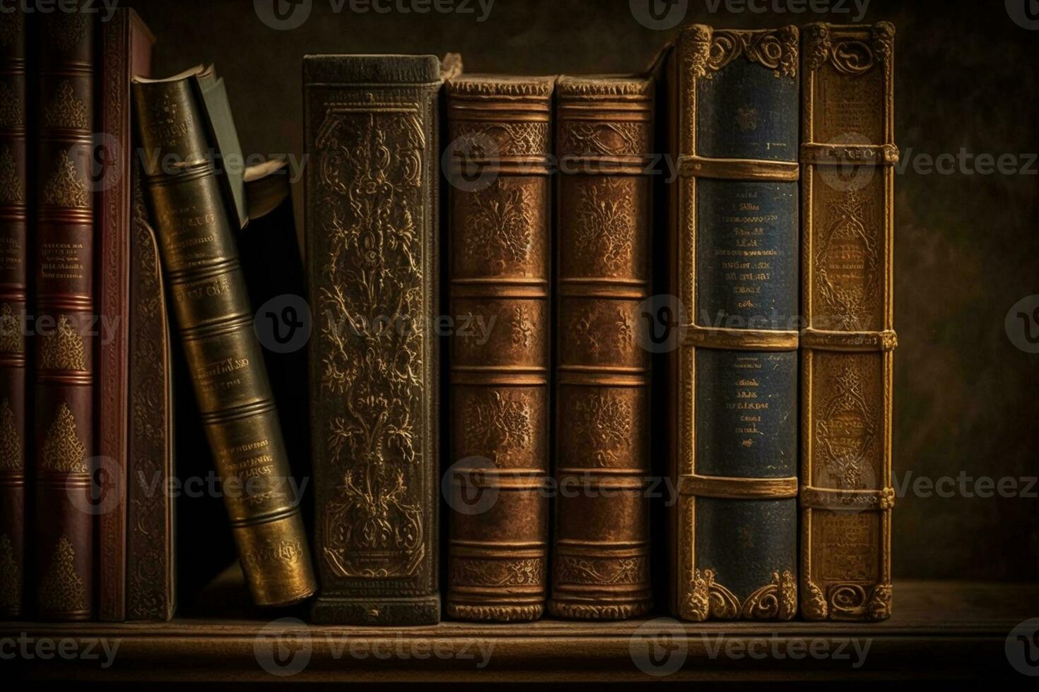 Old leather bound books on a shelf in a library AI Generated photo
