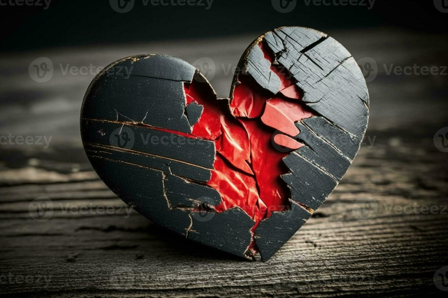 roto rojo corazón en negro de madera antecedentes ai generado foto