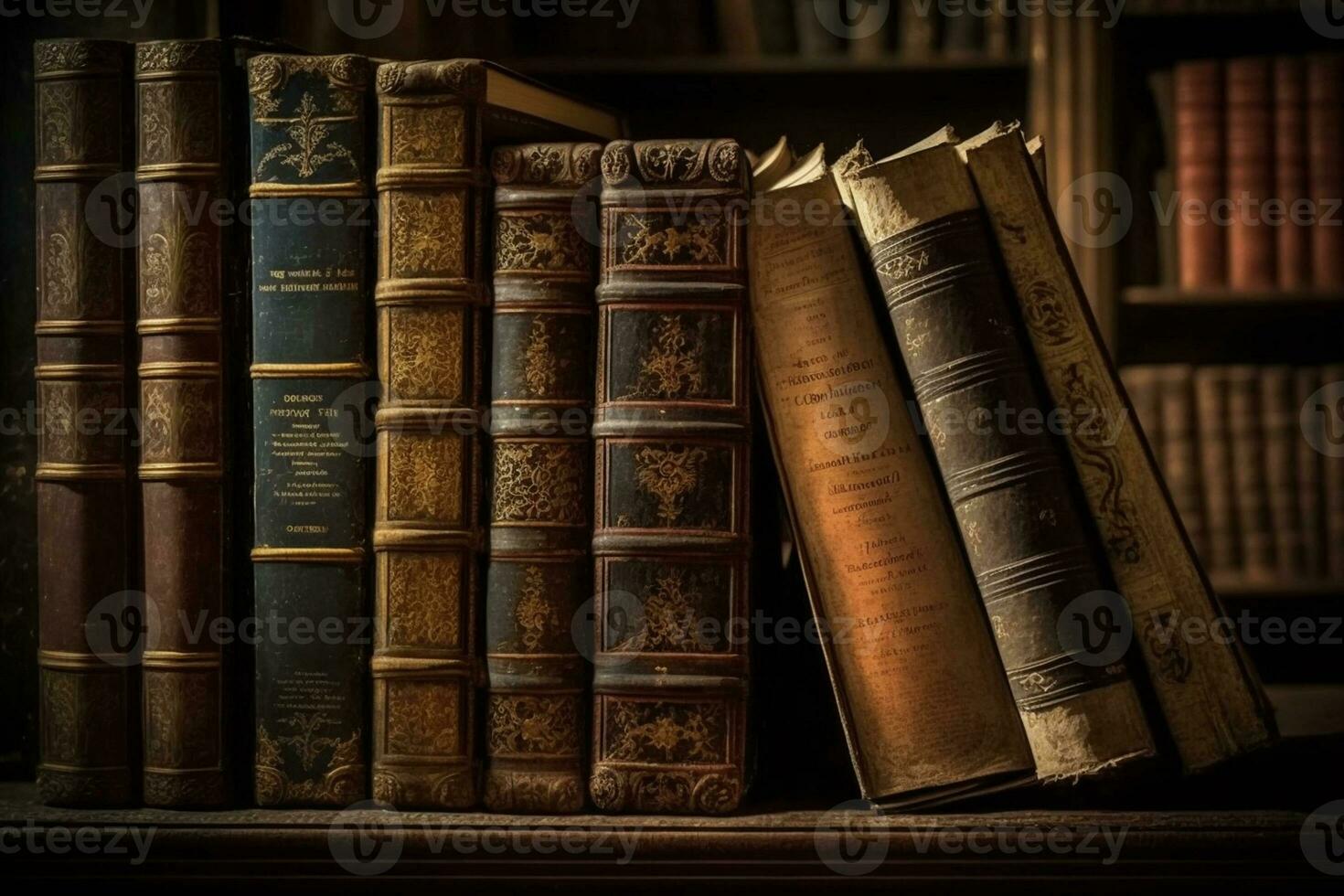 Old leather bound books on a shelf in a library AI Generated photo