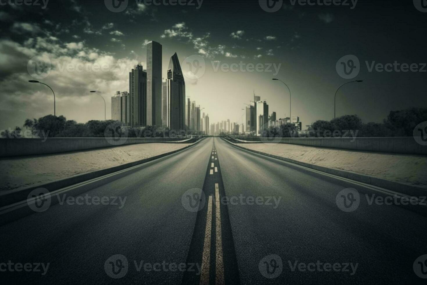 Empty asphalt road towards modern city AI Generated photo