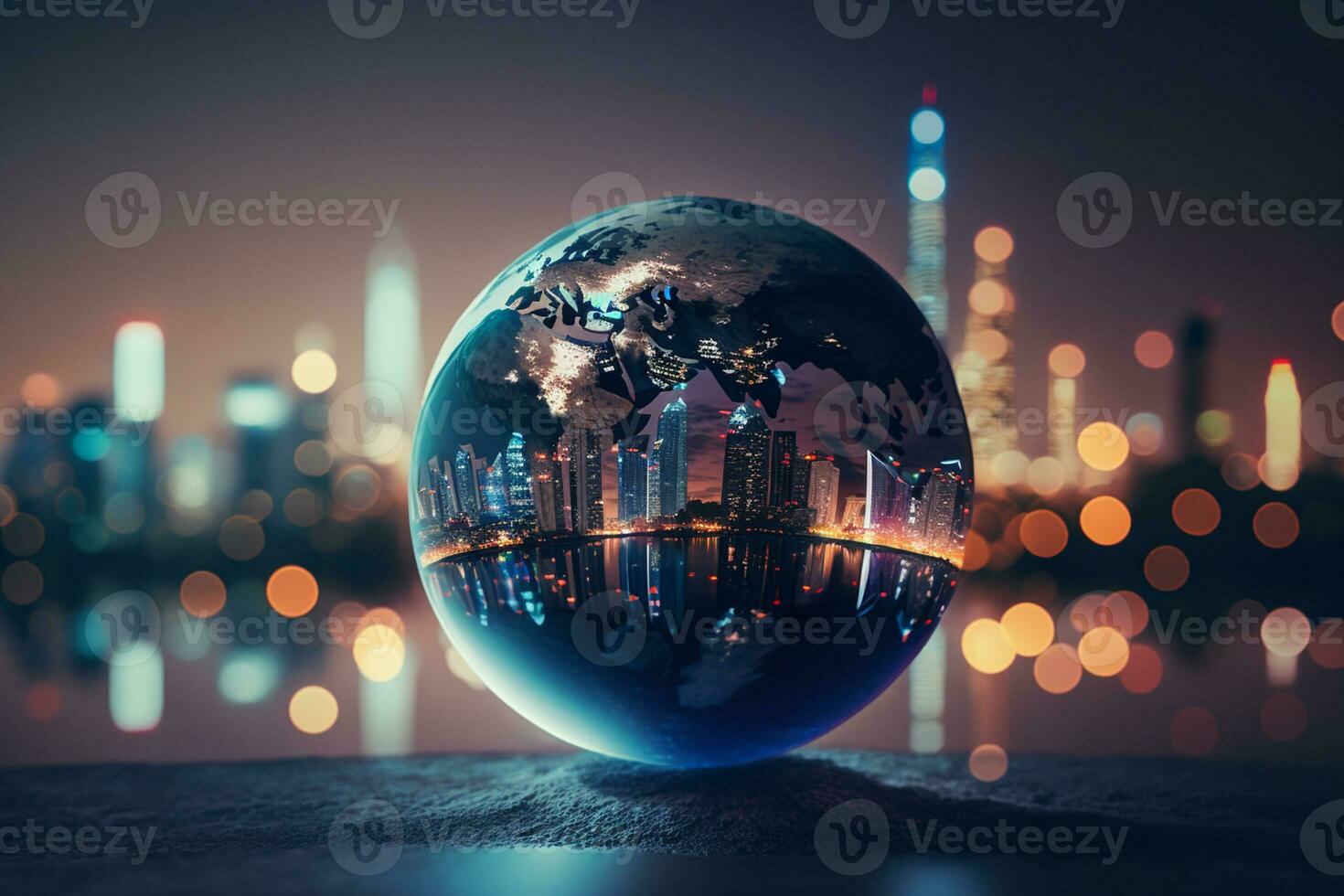 Planet earth on the background of blurred lights of the city AI Generated photo