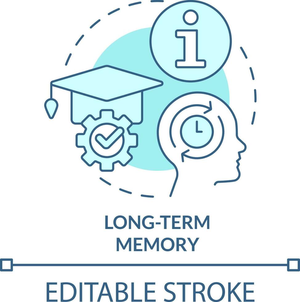 Long-term memory turquoise concept icon. Knowledge retention abstract idea thin line illustration. Information storage. Isolated outline drawing. Editable stroke vector