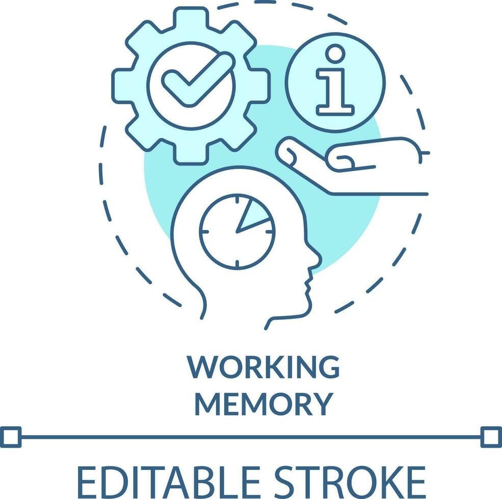 Working memory turquoise concept icon. Microlearning process abstract idea thin line illustration. Limited human memory. Isolated outline drawing. Editable stroke vector