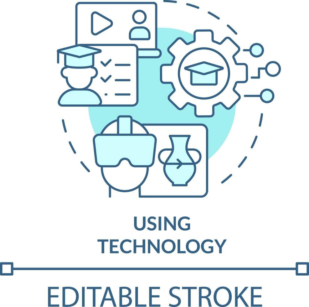 Using technology turquoise concept icon. Micro learning strategy abstract idea thin line illustration. VR training. Isolated outline drawing. Editable stroke vector