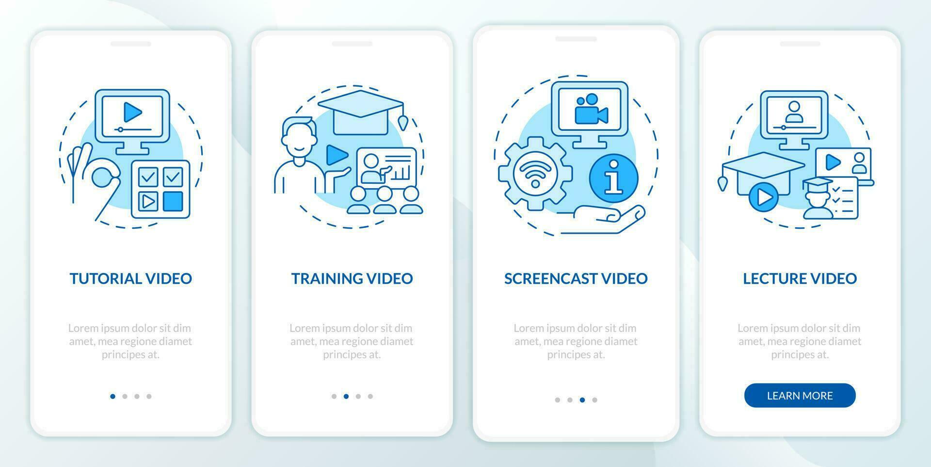 Microlearning video examples blue onboarding mobile app screen. Walkthrough 4 steps editable graphic instructions with linear concepts. UI, UX, GUI template vector