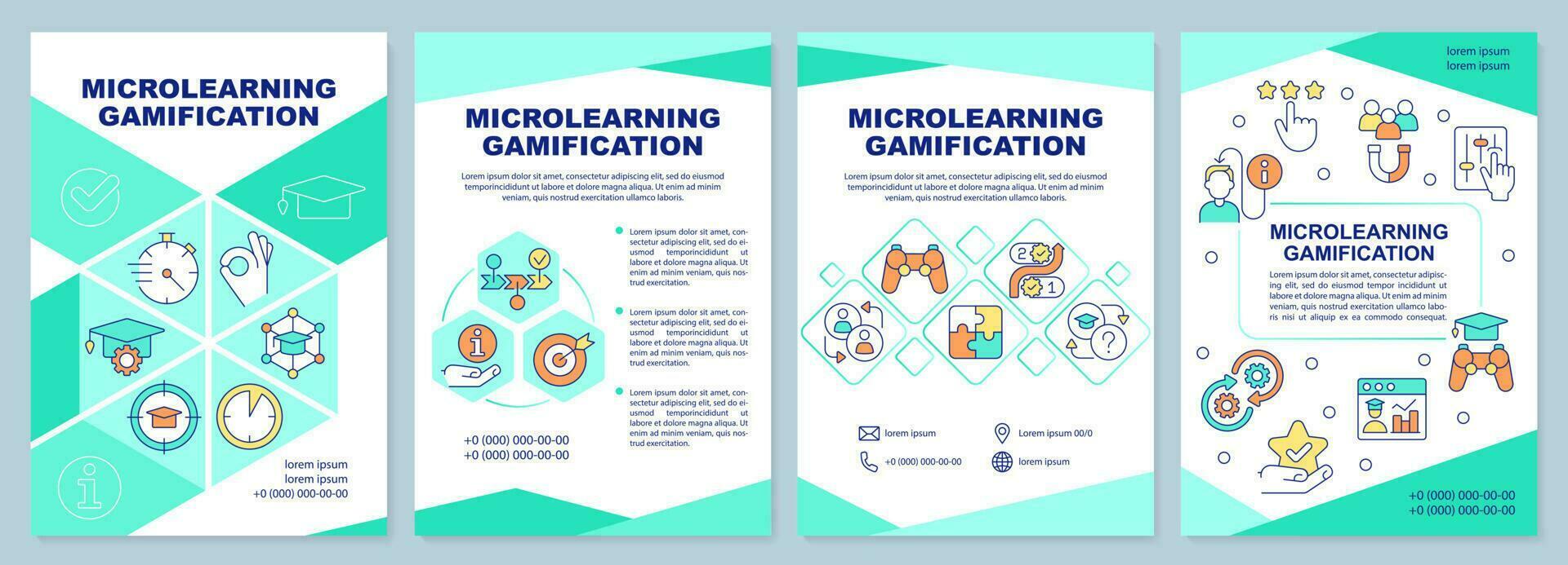 Microlearning gamification green brochure template. Education. Leaflet design with linear icons. Editable 4 vector layouts for presentation, annual reports