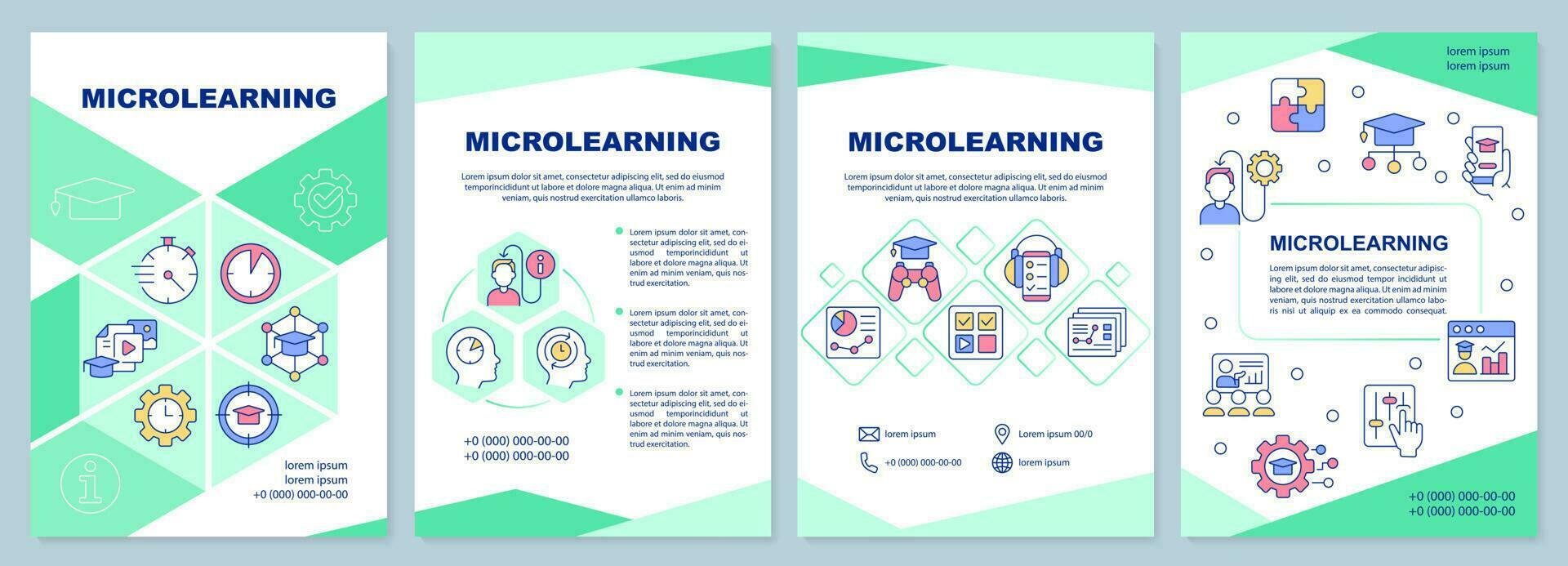 Microlearning approach green brochure template. E learning. Leaflet design with linear icons. Editable 4 vector layouts for presentation, annual reports