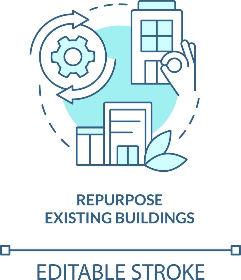 Repurpose existing buildings turquoise concept icon. Carbon neutralization strategy abstract idea thin line illustration. Isolated outline drawing. Editable stroke vector