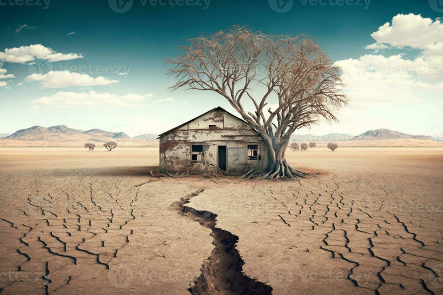 Abandoned farm in the middle of dried agricultural fields with cracked soil and trees. Drought ecological problem concept AI Generated photo