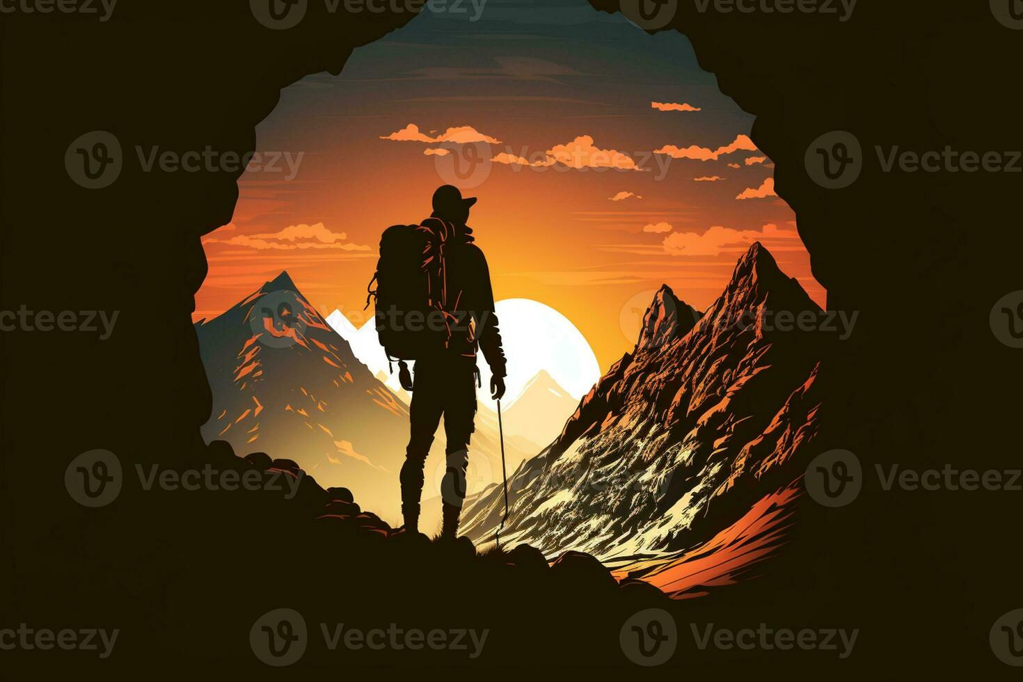 Tourist in mountain peak, Sunset Black Shadow, Active life concept AI Generated photo