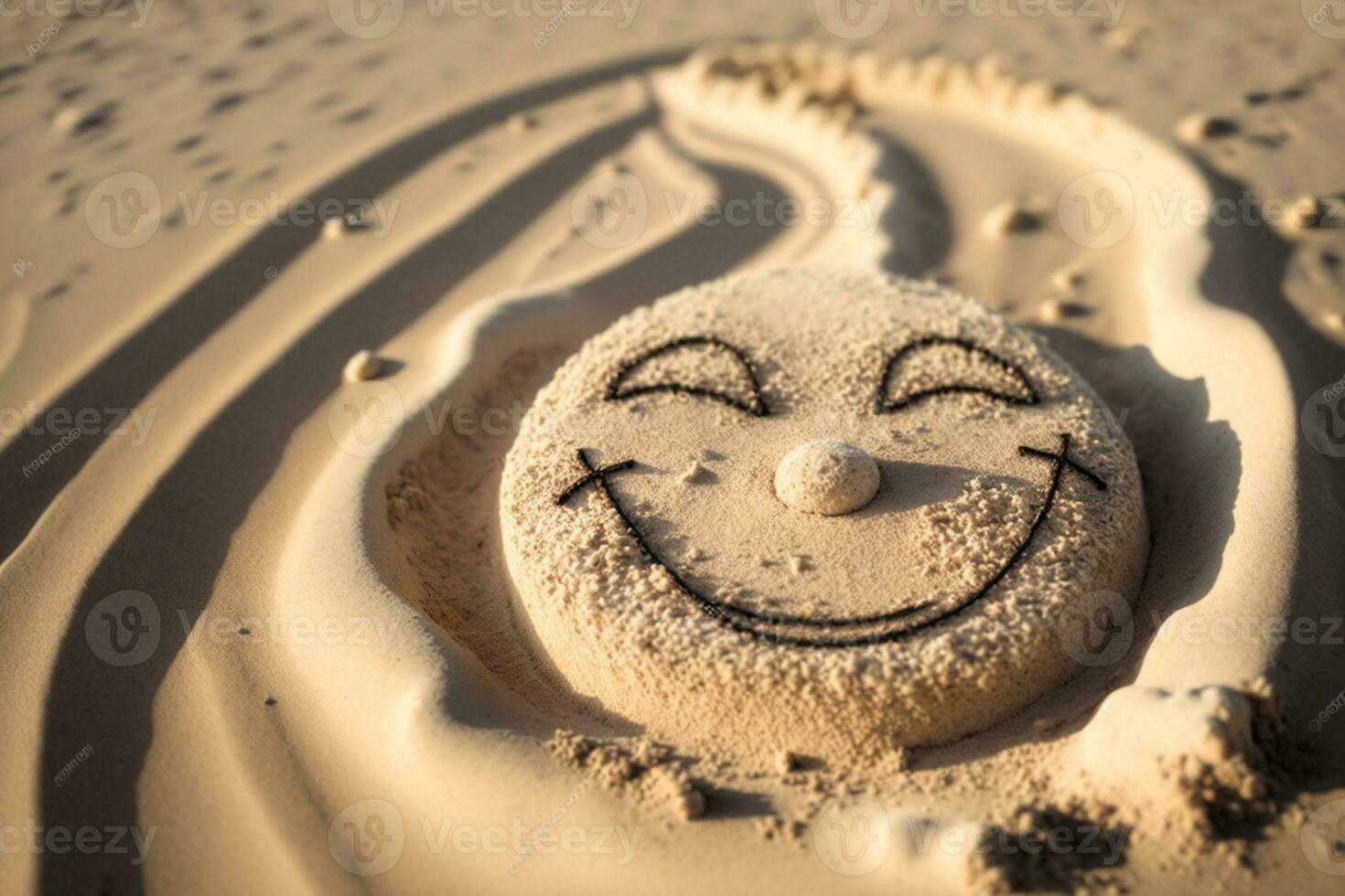 mano dibujado contento cara forma en el arena junto a el Oceano ai generado foto
