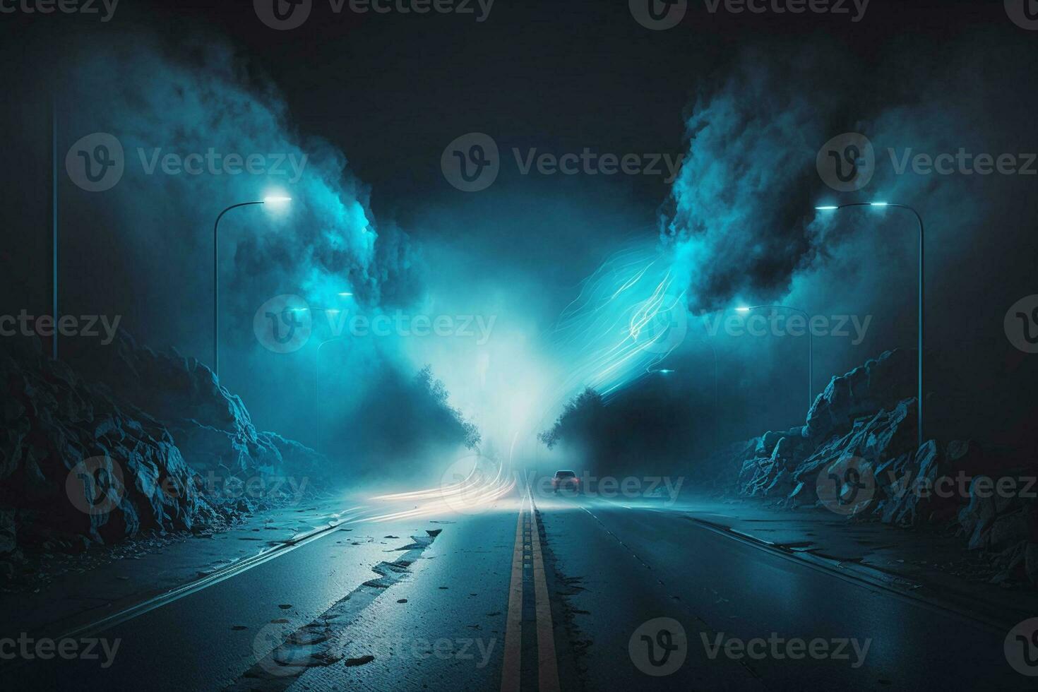 Asphalt blue dark street with smoke. Rays, spotlights neon light AI Generated photo