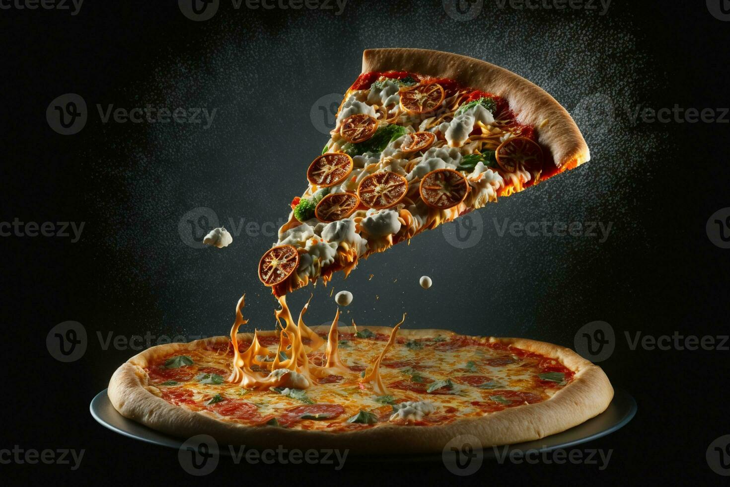 Levitation pizza on black background AI Generated photo