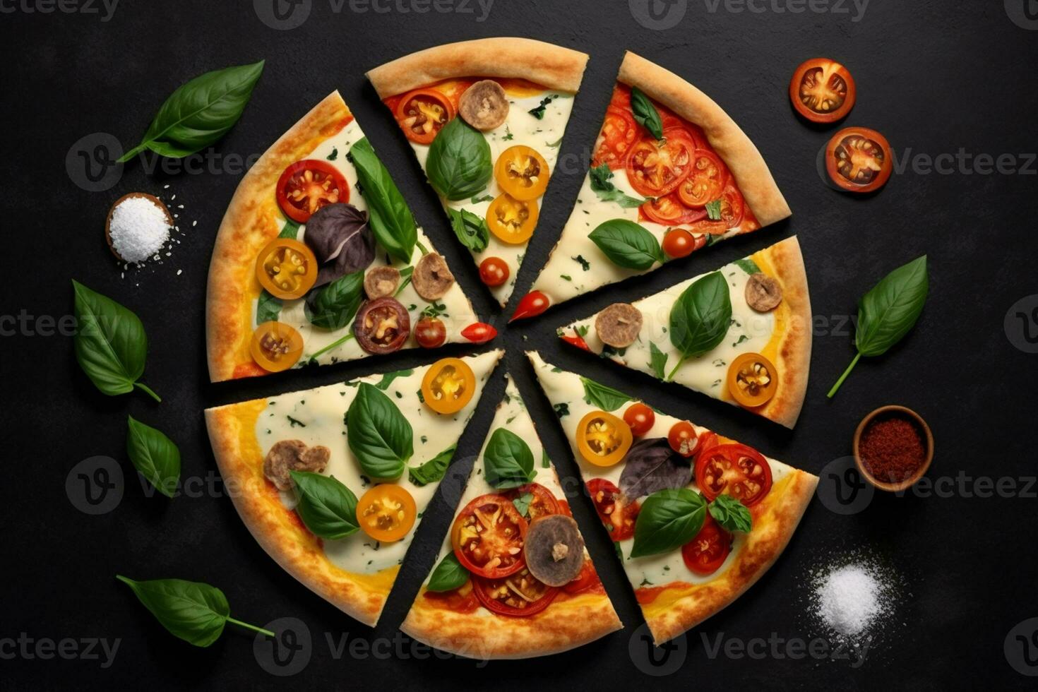 Italian pizza on a black background with top view AI Generated photo