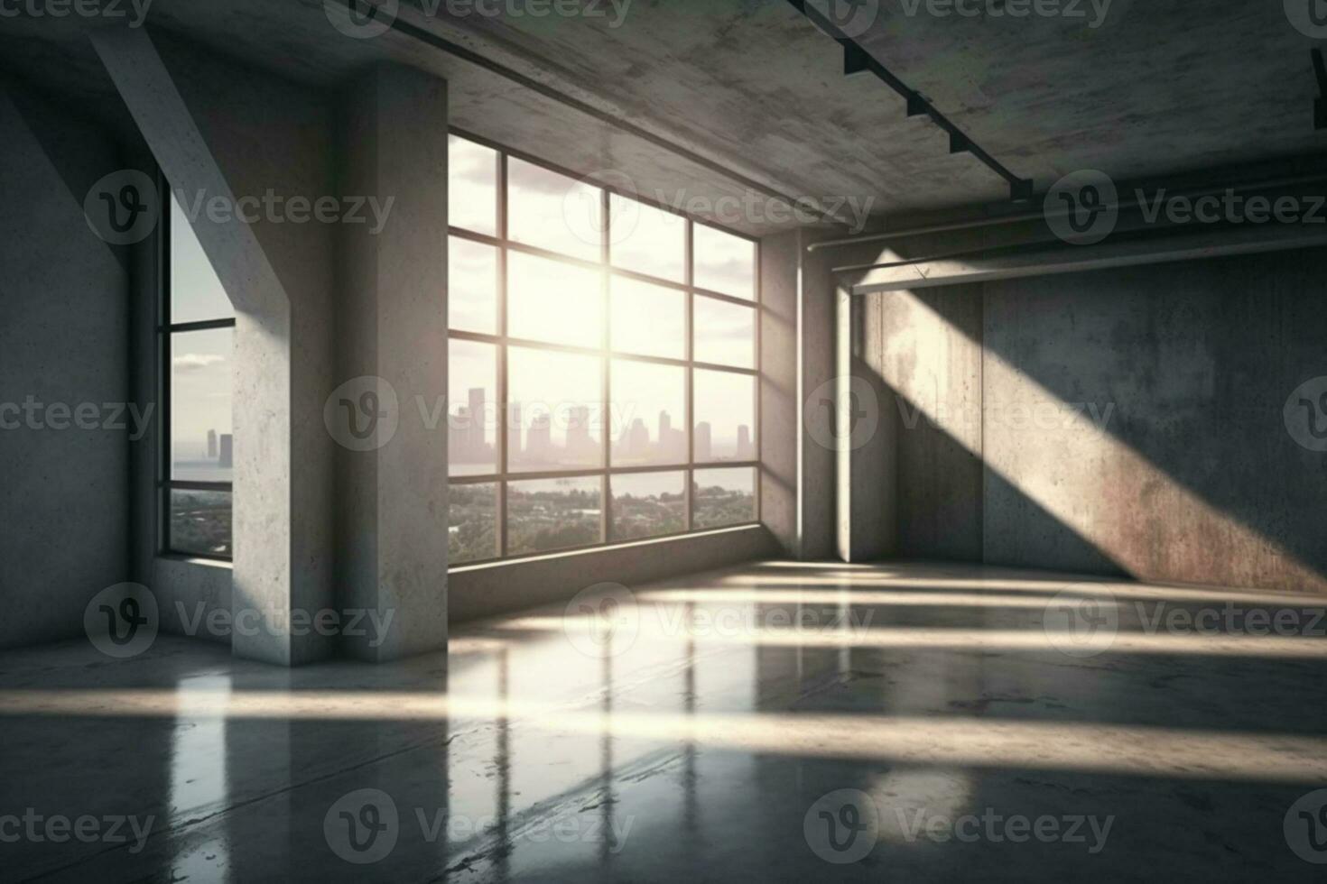 Empty loft style room with concrete floor and city view AI Generated photo