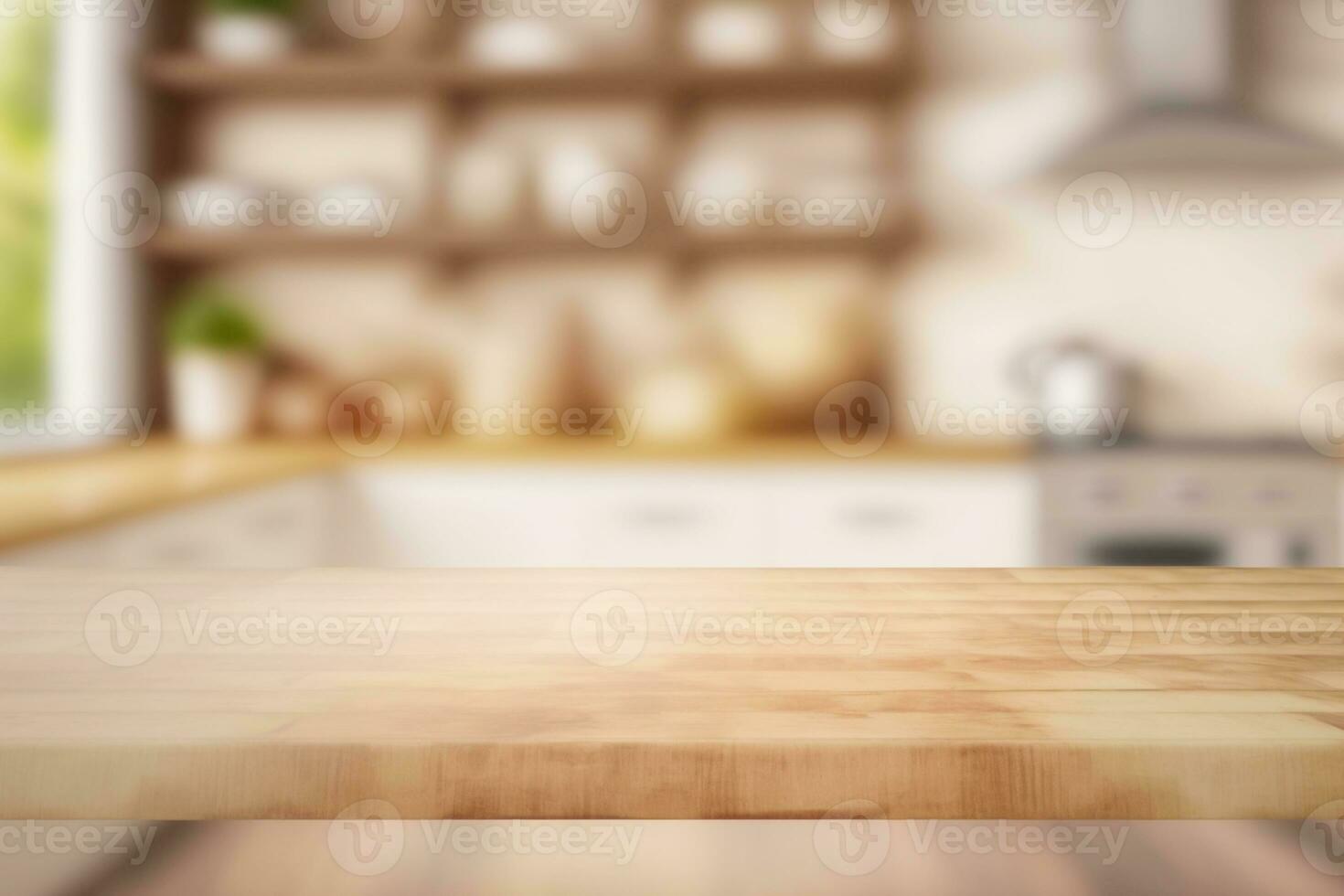 vacío de madera mesa terminado desenfocado cocina antecedentes con Copiar espacio ai generado foto