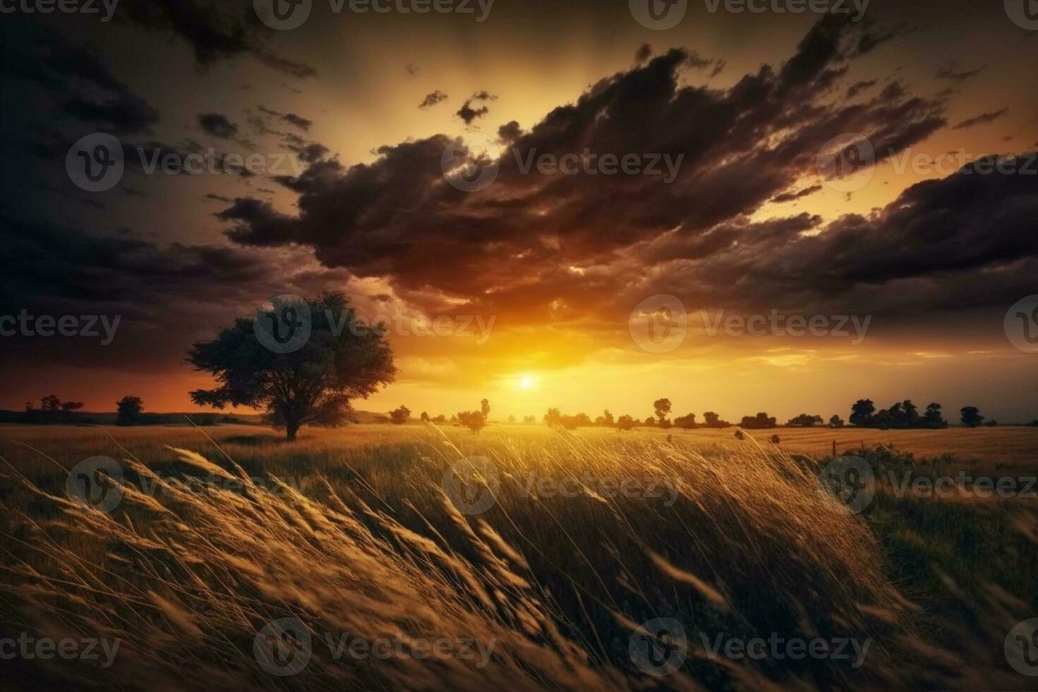 Beautiful sunset with dramatic clouds over grassy field AI Generated photo