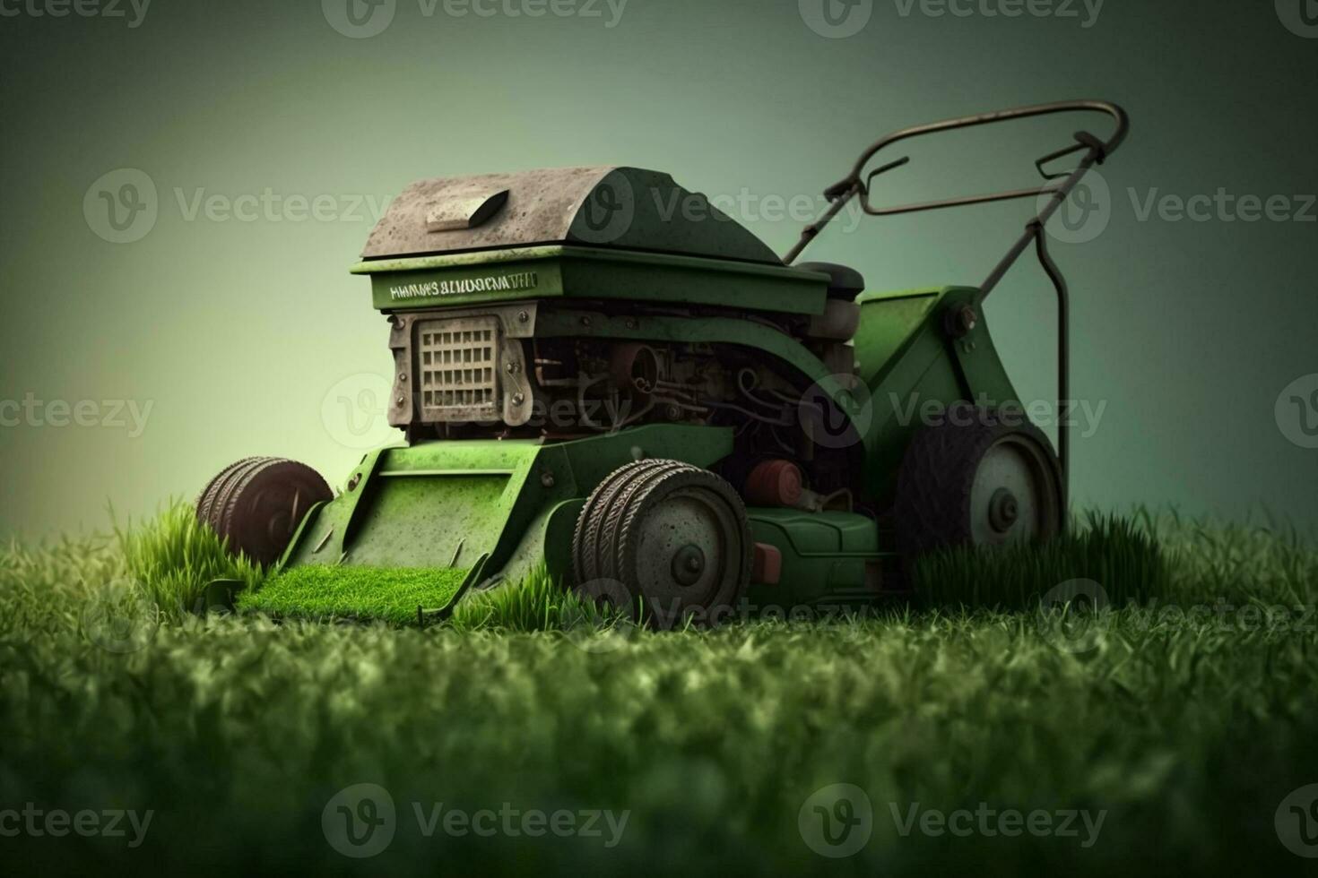 Lawn mower removing green grass in backyard, mowing lawn AI Generated photo
