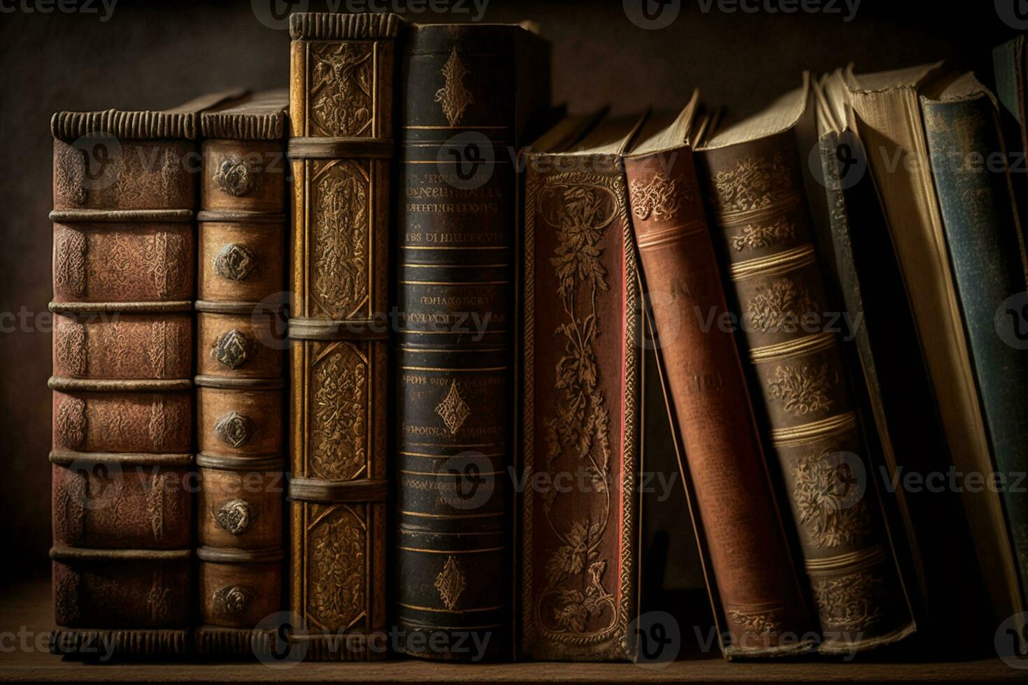 Old leather bound books on a shelf in a library AI Generated photo