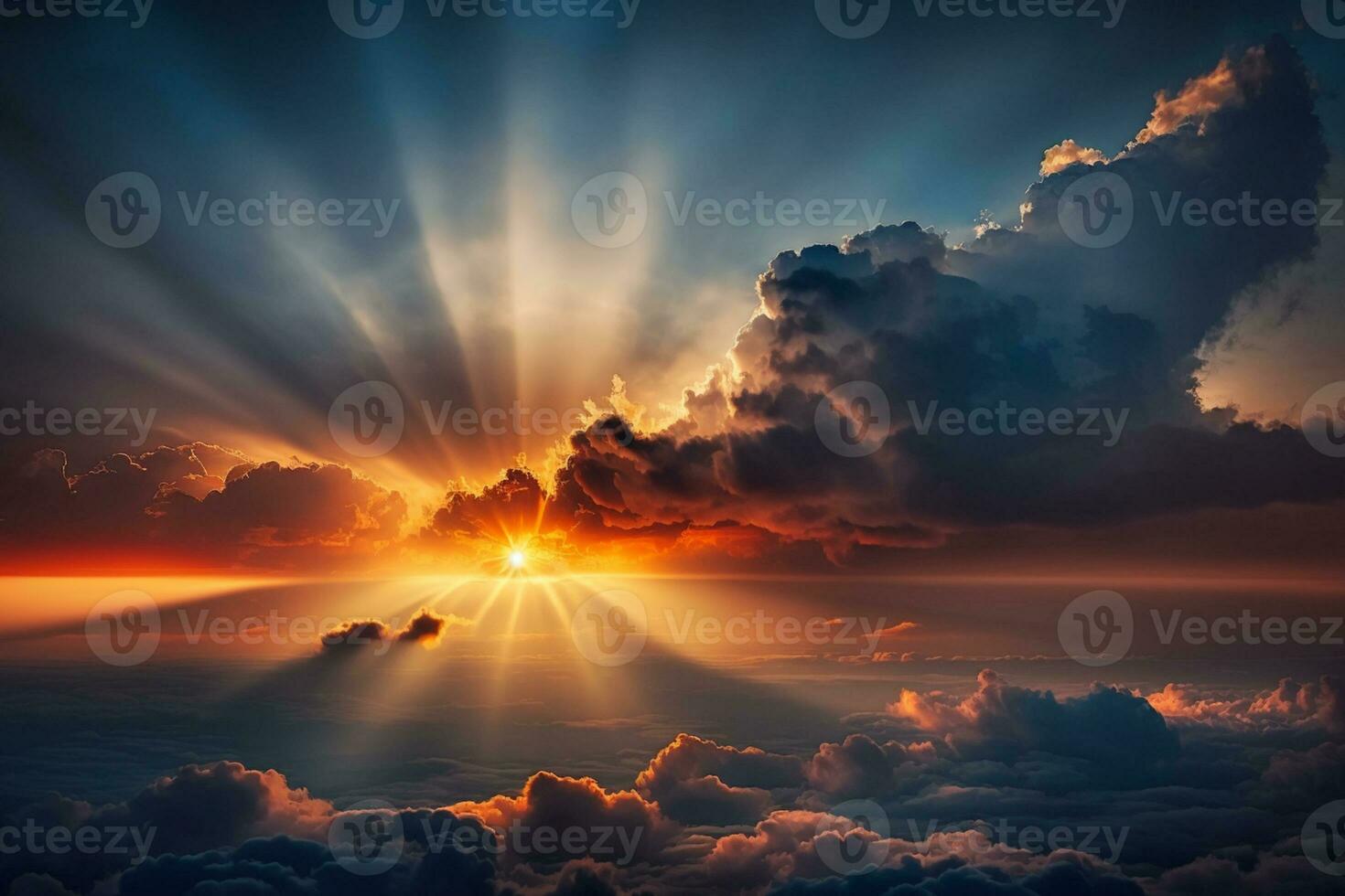 Sunrise dramatic blue sky with orange sun rays breaking through the ...