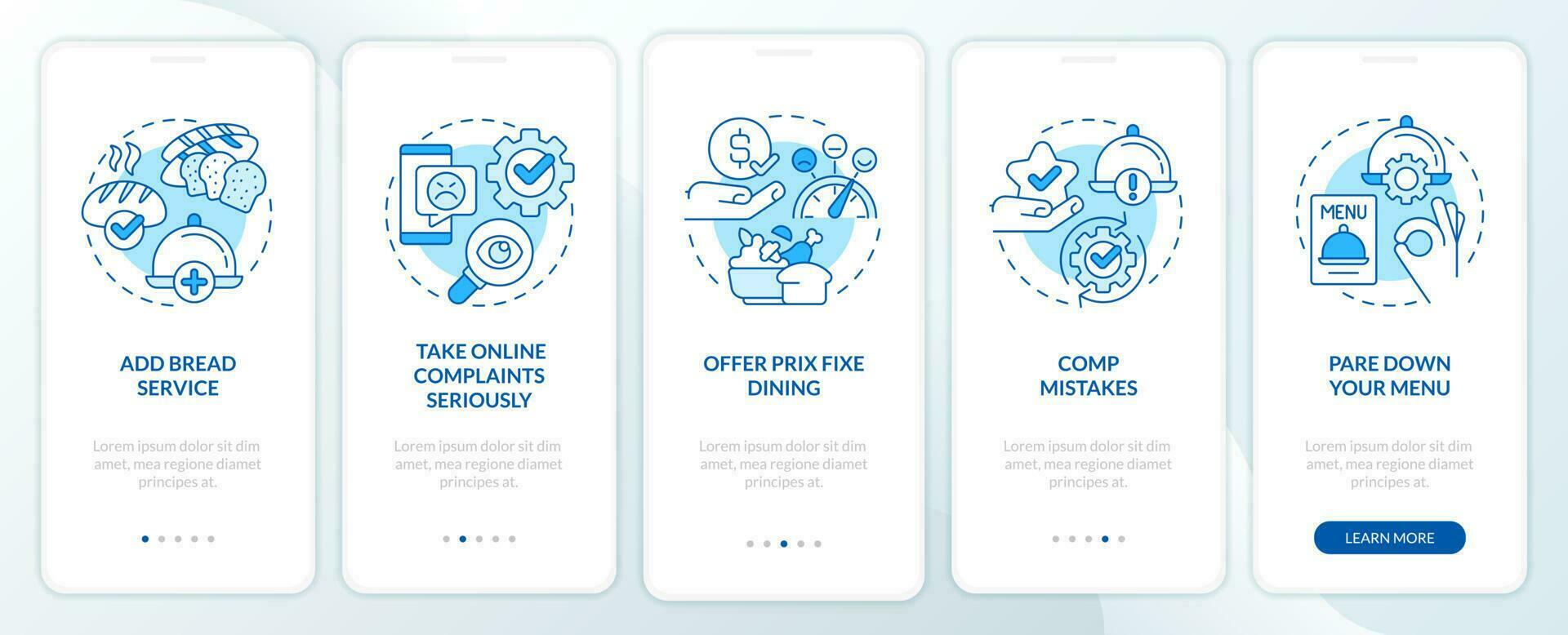 Food industry customer satisfaction blue onboarding mobile app screen. Walkthrough 5 steps editable graphic instructions with linear concepts. UI, UX, GUI template vector