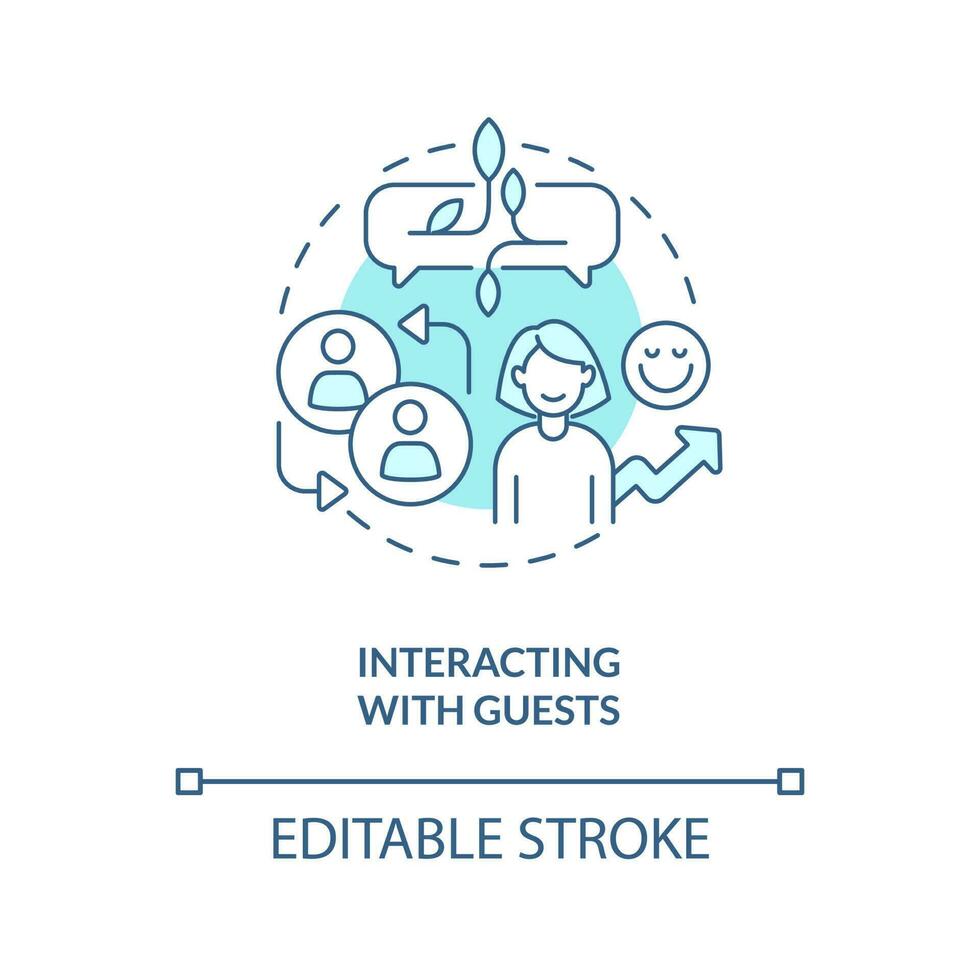 Interacting with guests turquoise concept icon. Staff training in hotel industry abstract idea thin line illustration. Isolated outline drawing. Editable stroke vector